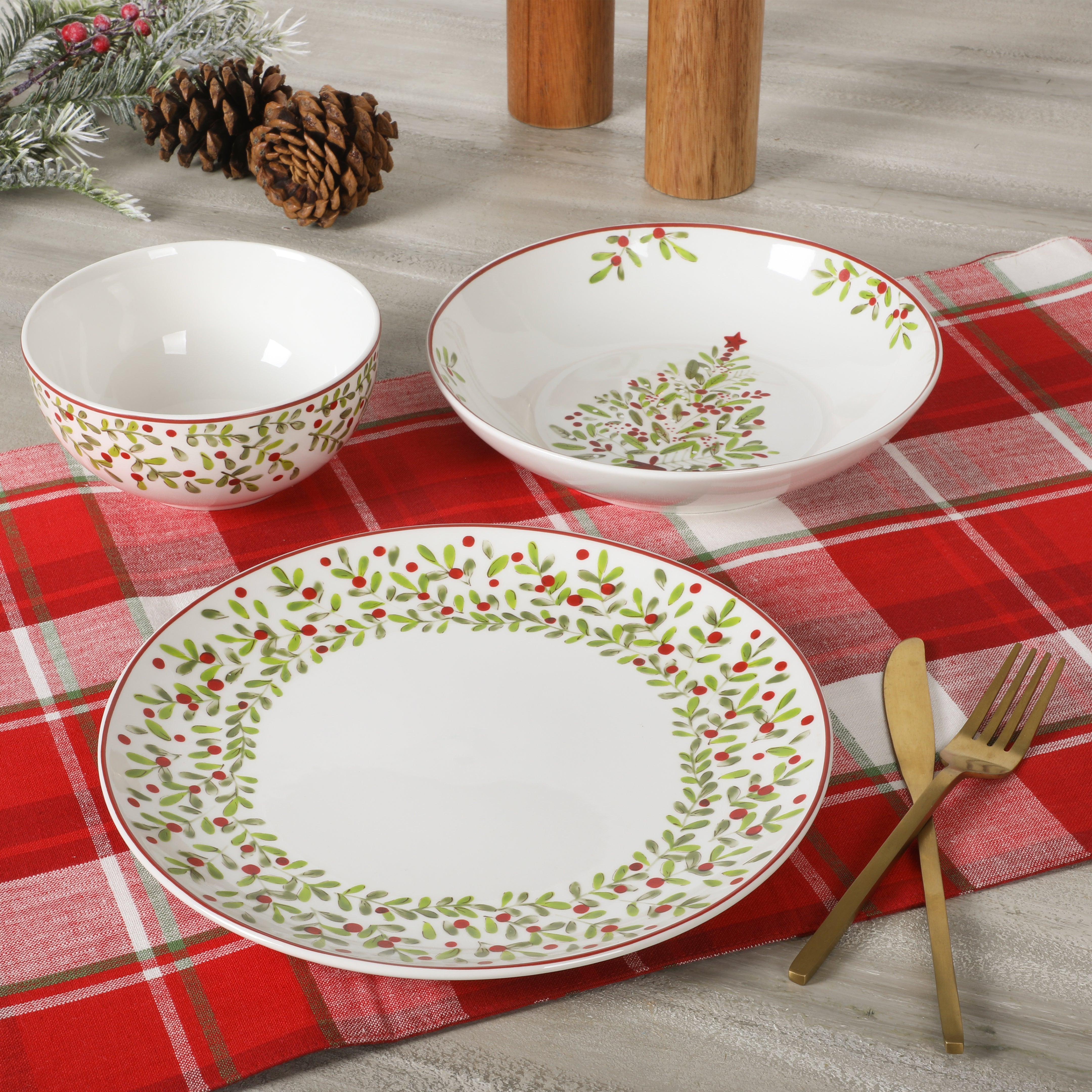 Gibson Home Tree Festival 12 Piece Double Bowl Dinnerware Set