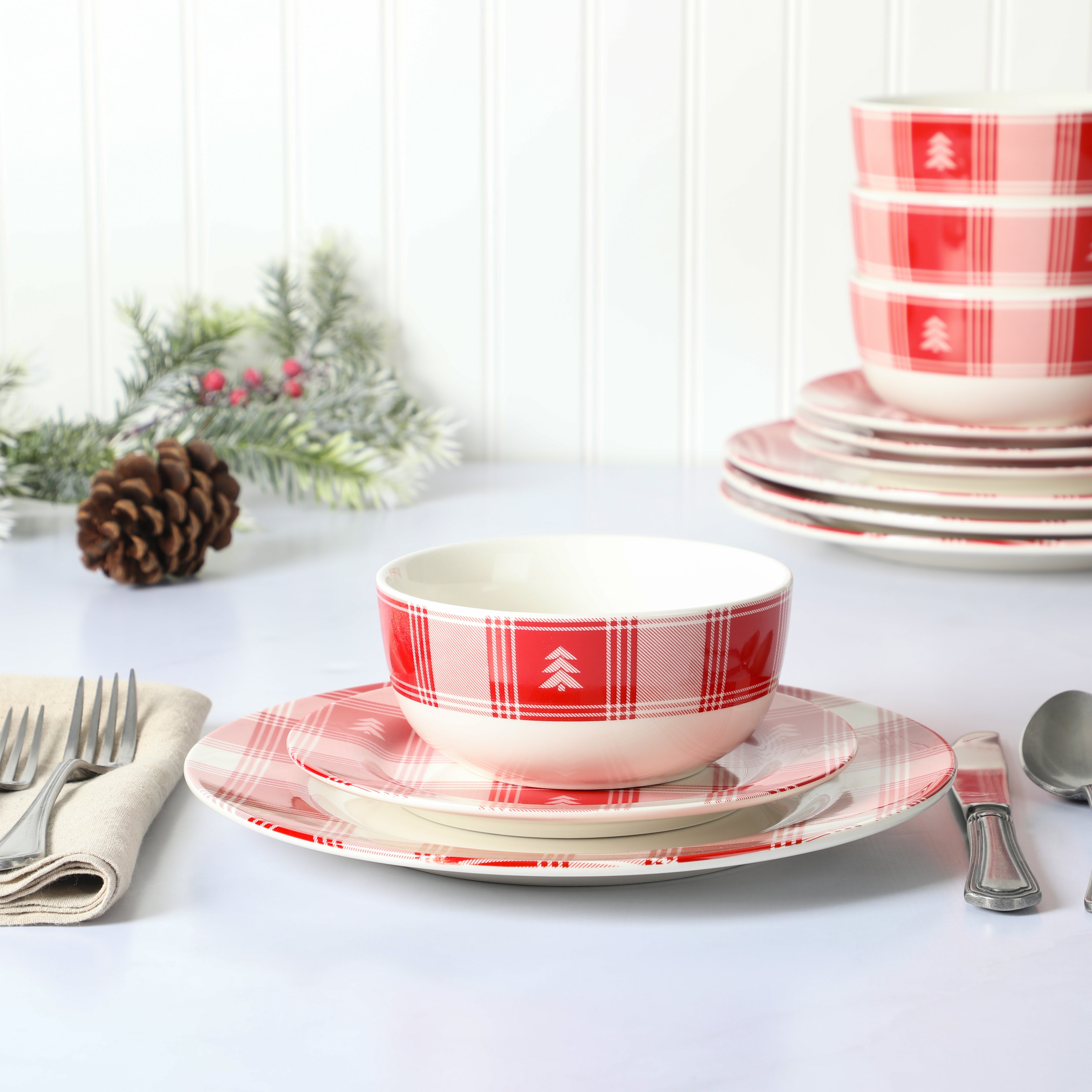 Martha Stewart Plaid 12-Piece Decorated Red and White Stoneware Dinnerware Set