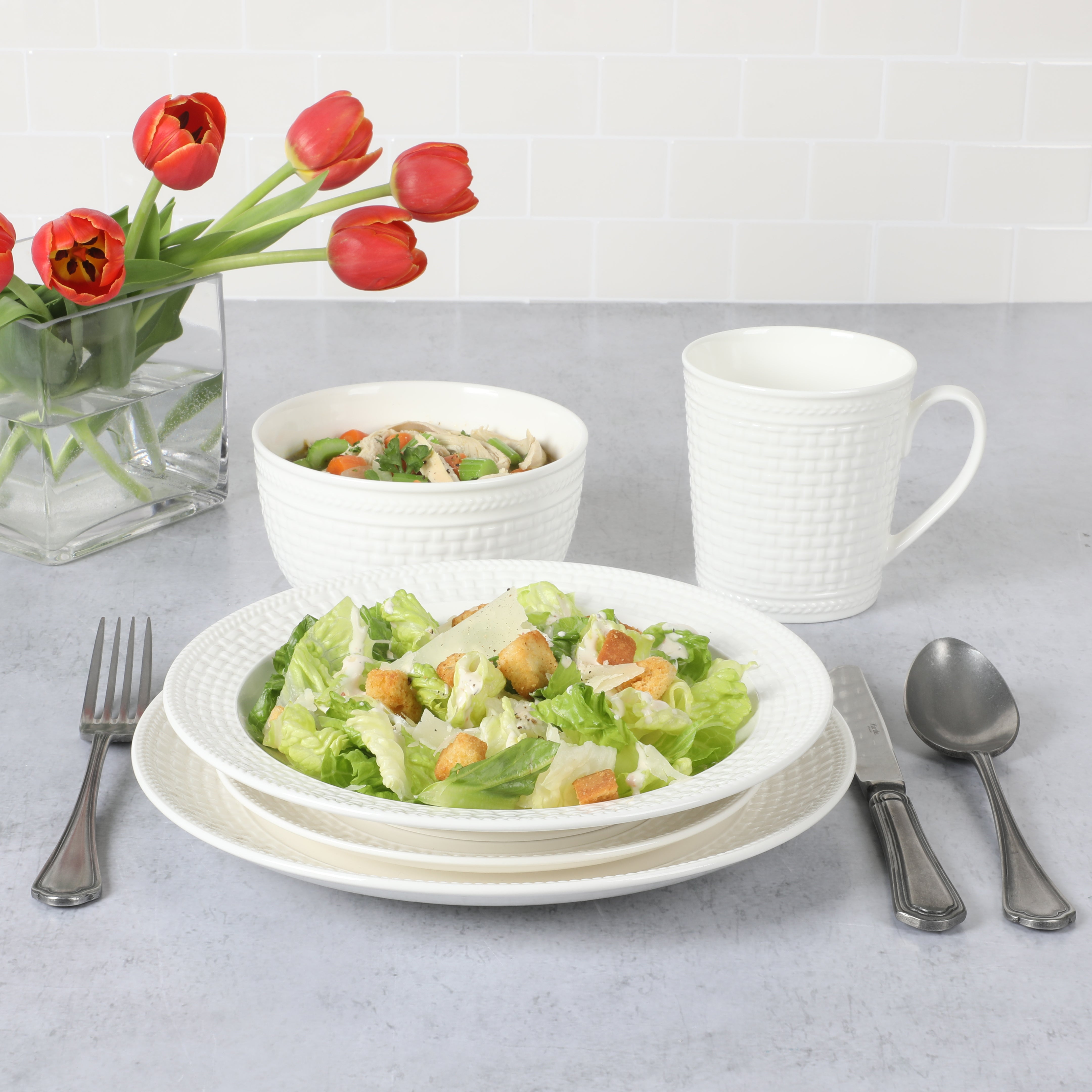 Martha Stewart Basket Weave 30-Piece New Bone China Embossed Porcelain Dinnerware Set