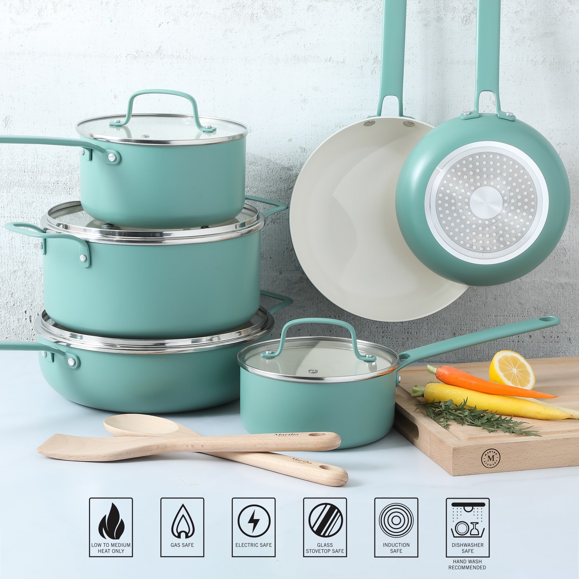 Martha Stewart Emmeline Premium Nonstick PFA Free Ceramic Interior 12 Piece Heavy Gauge Enamel Aluminum Pots and Pans Cookware Set