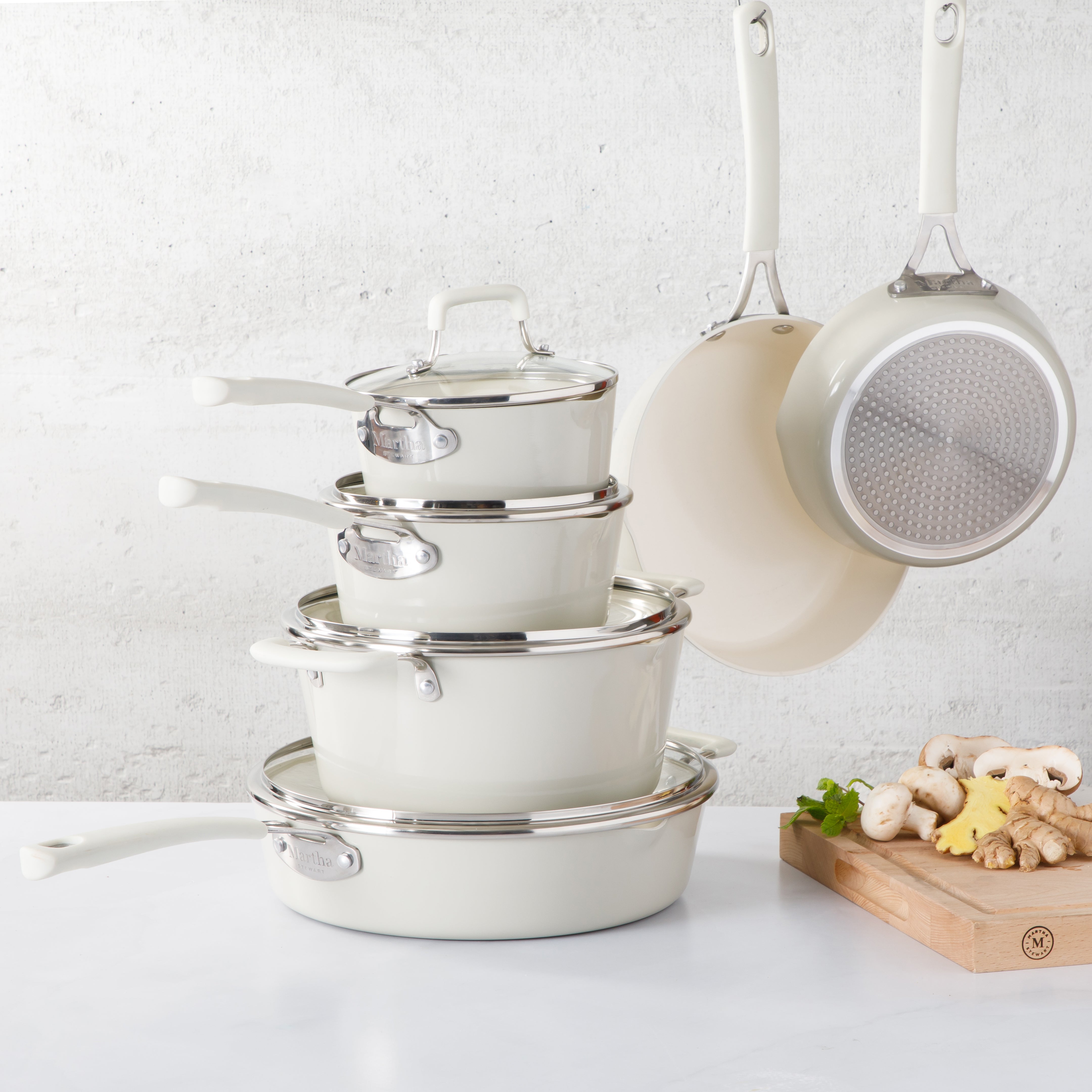 Martha Stewart Heathland Premium Nonstick PFA Free Ceramic Interior 10-Piece Tapered Aluminum Cookware Set - Linen White