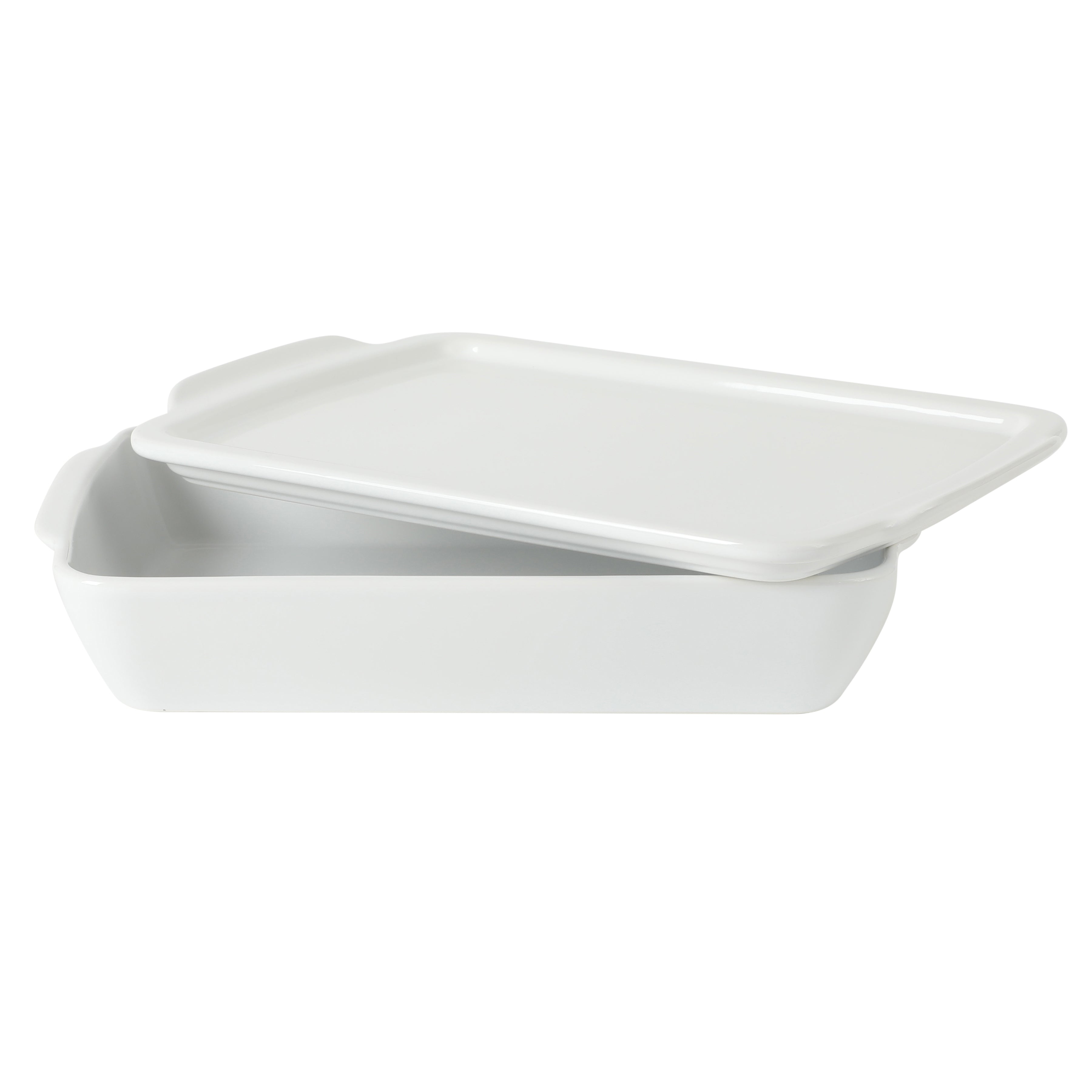 Gibson Home Gracious Dining 2.6-Quart White Stoneware Covered Baking Dish with Multi-Purpose Lid – 12.7 x 9-Inch Rectangular Oven Safe Casserole, Lasagna & Roasting Baker, Lid Doubles as Serveware or Trivet