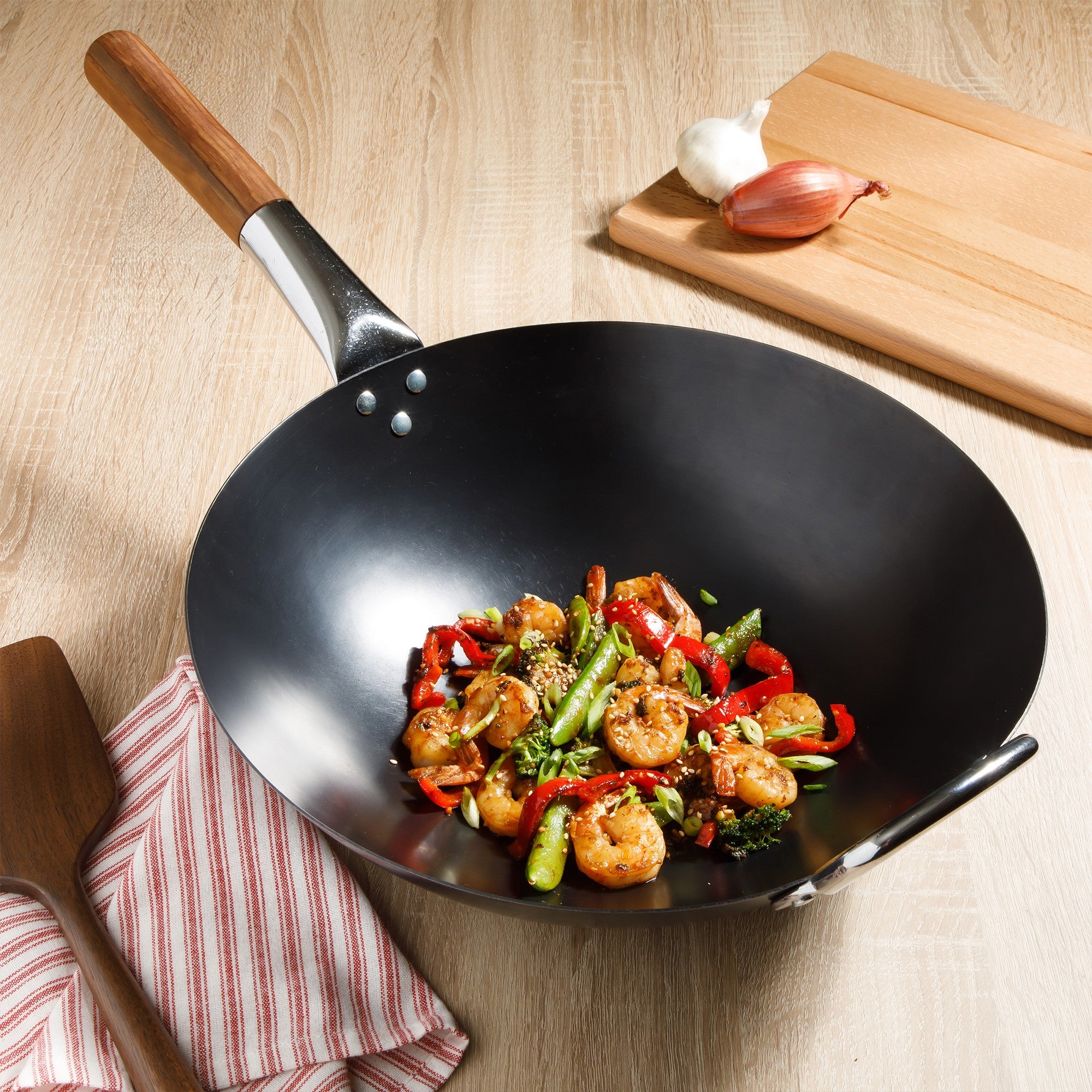 Sur La Table Kitchen Essentials Quick Fire Carbon Steel 13.5" Flat Bottom Wok
