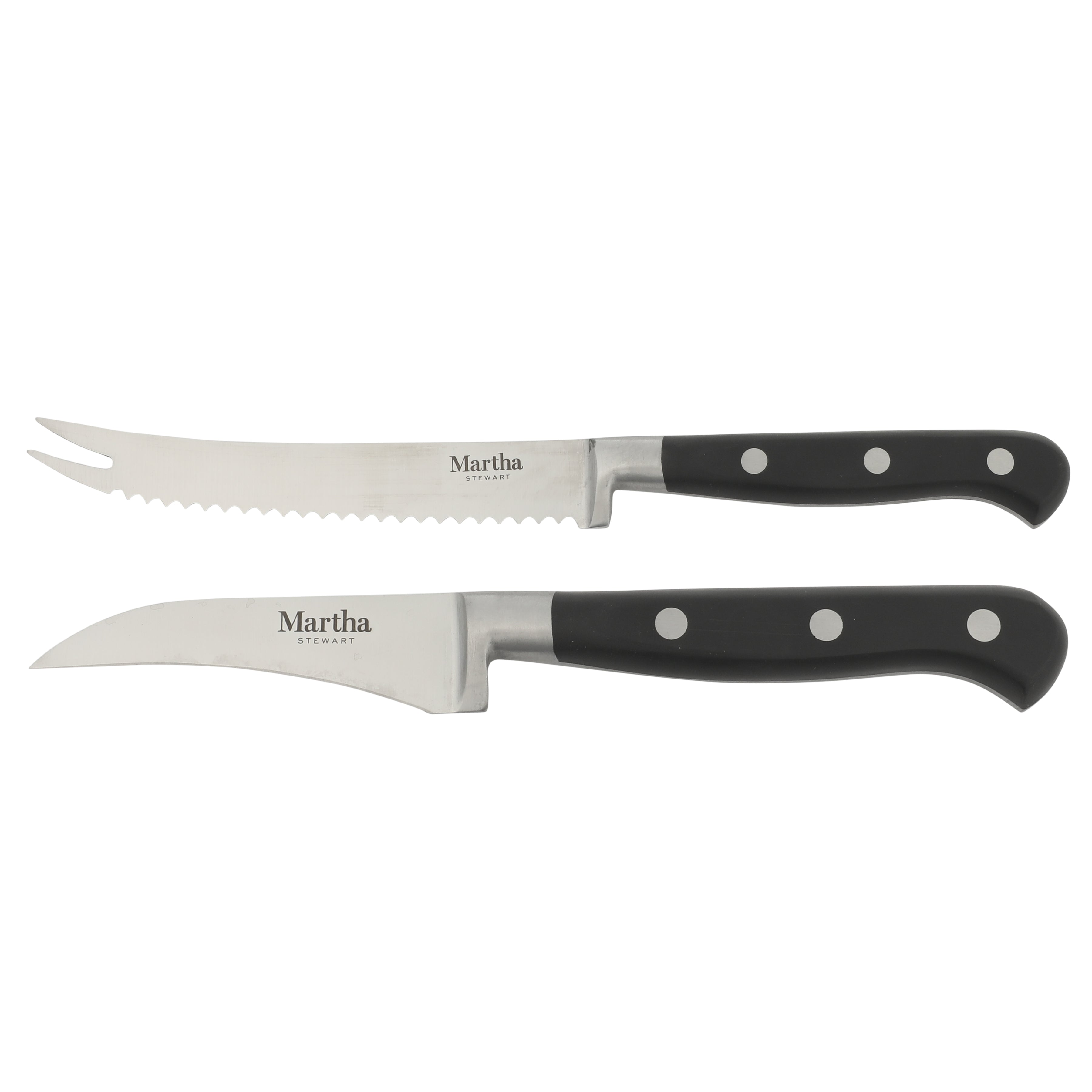 Martha Stewart Carverton 2 Piece Set 5" Tomato Knife and 3" Bird's Beak Knife Set, Bread Carbon Stainless Steel Kitchen Knive W/ Black Triple Rivet Handle