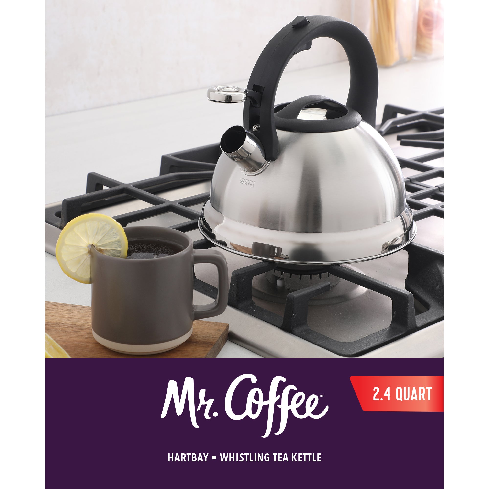 Mr. Coffee Hartbay 2.4 Quart Large Stainless Steel Whistling Tea Kettle