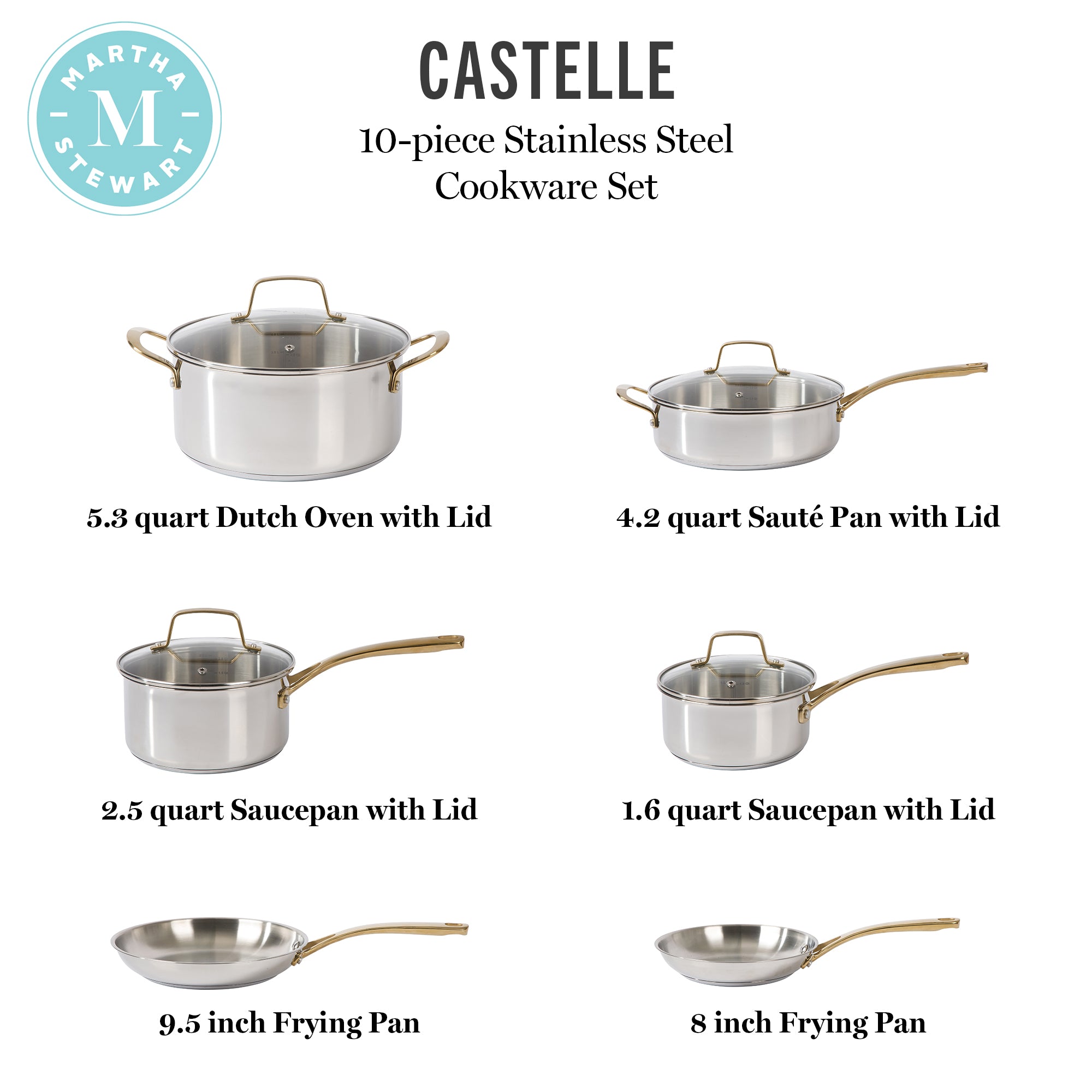 Martha Stewart Castelle 10 Piece Stainless Steel Induction Safe Pots and Pans Non-Toxic Kitchen Cookware Set