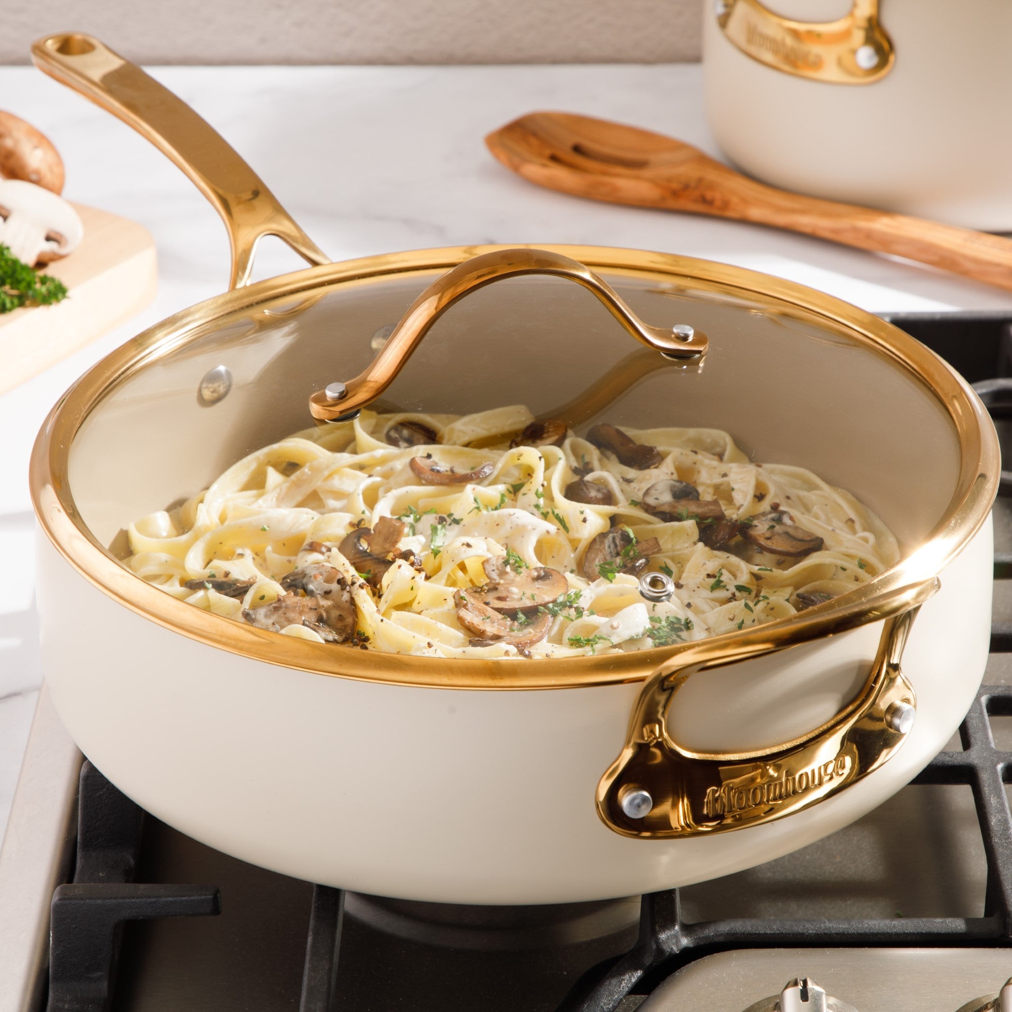 Bloomhouse 6 QT Heavy Duty Aluminum Premium PFA Free Ceramic Nonstick Saute/Deep Frying Pan Skillet with Lid - Linen White with Gold Handle