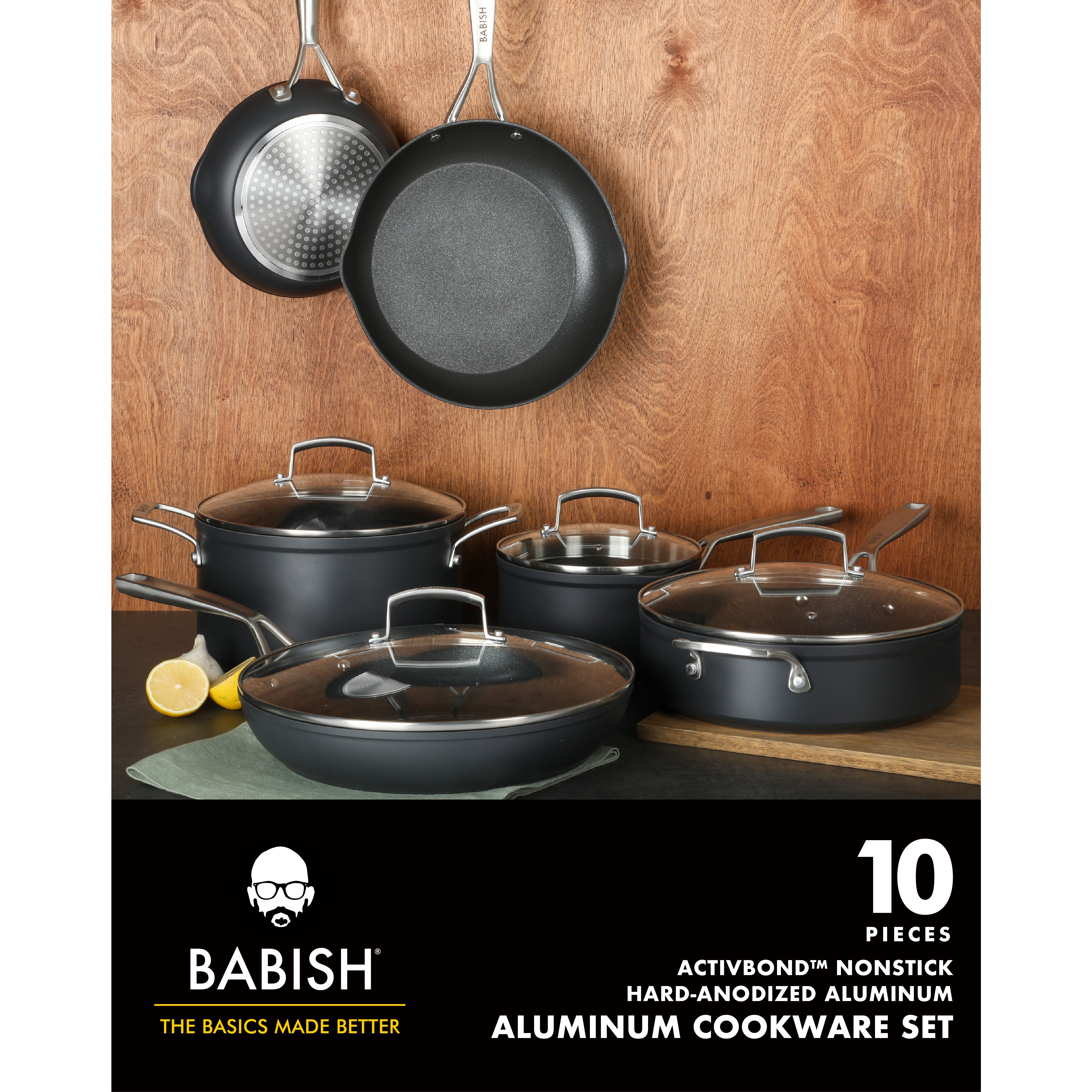 Babish 10 Piece Hard Anodized Titanium Forever Non Stick Technology Durable Pots and Pans Cookware Set - Black