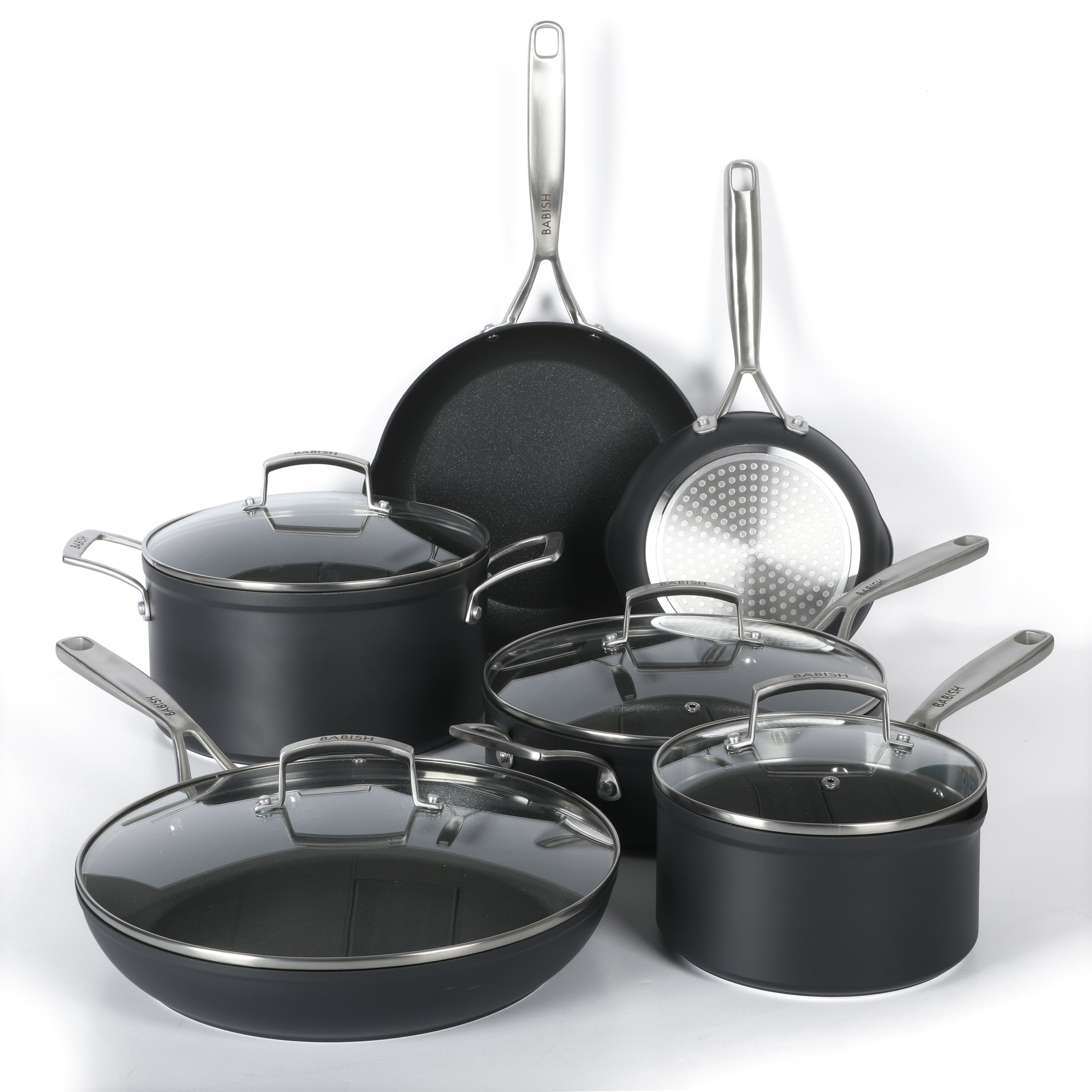 Babish 10 Piece Hard Anodized Titanium Forever Non Stick Technology Durable Pots and Pans Cookware Set - Black