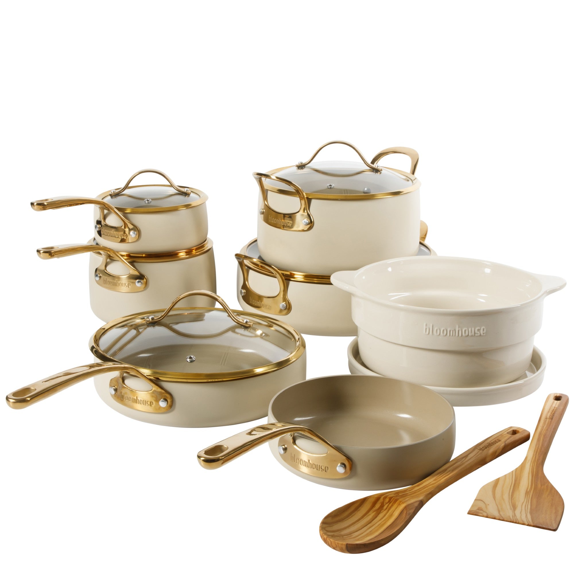 Bloomhouse 15 Piece Pots and Pans Heavy Duty Aluminum Premium PFA Free Ceramic Nonstick Dutch Oven Pot with Lid - Linen White with Gold Handle