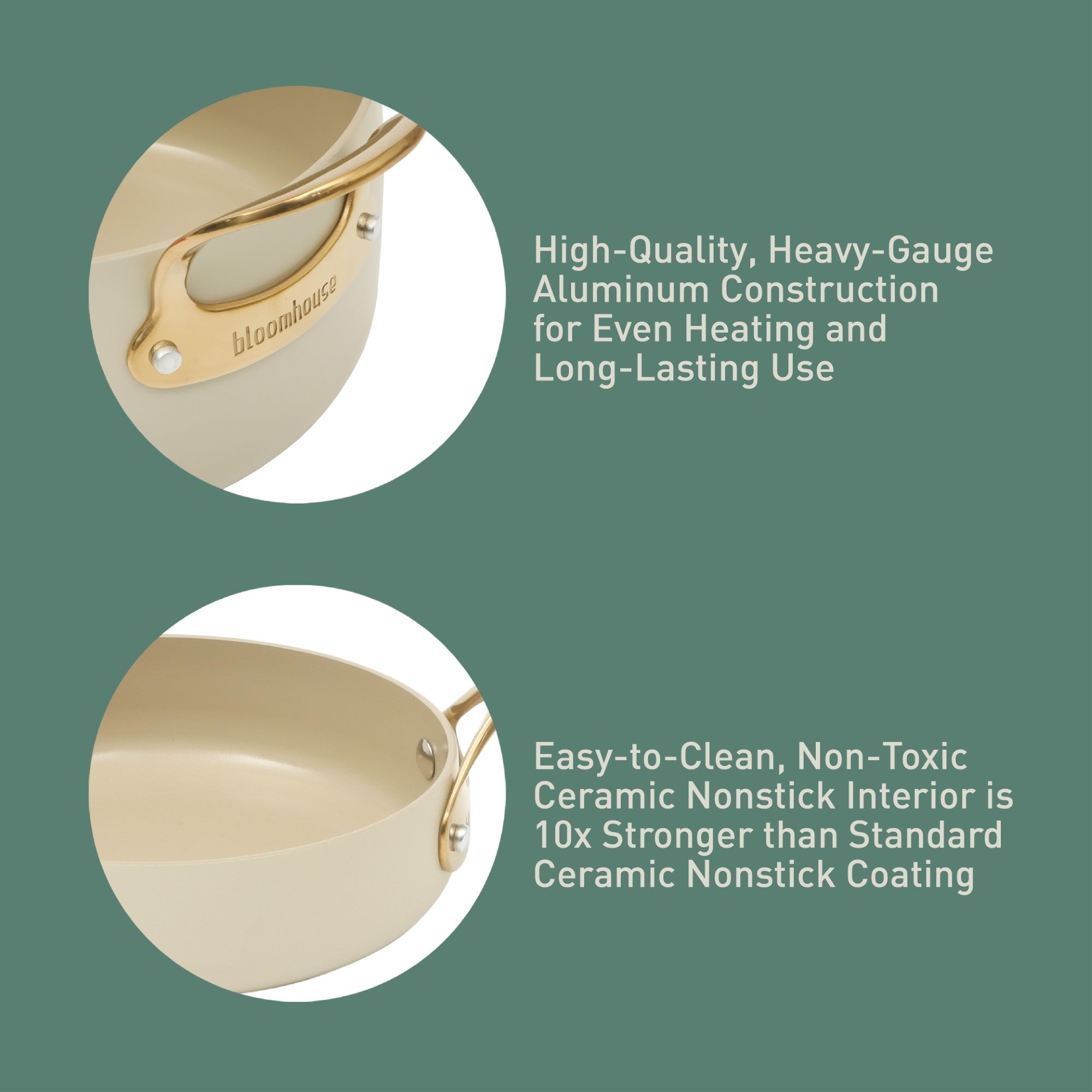 Bloomhouse 15 Piece Pots and Pans Heavy Duty Aluminum Premium PFA Free Ceramic Nonstick Dutch Oven Pot with Lid - Linen White with Gold Handle