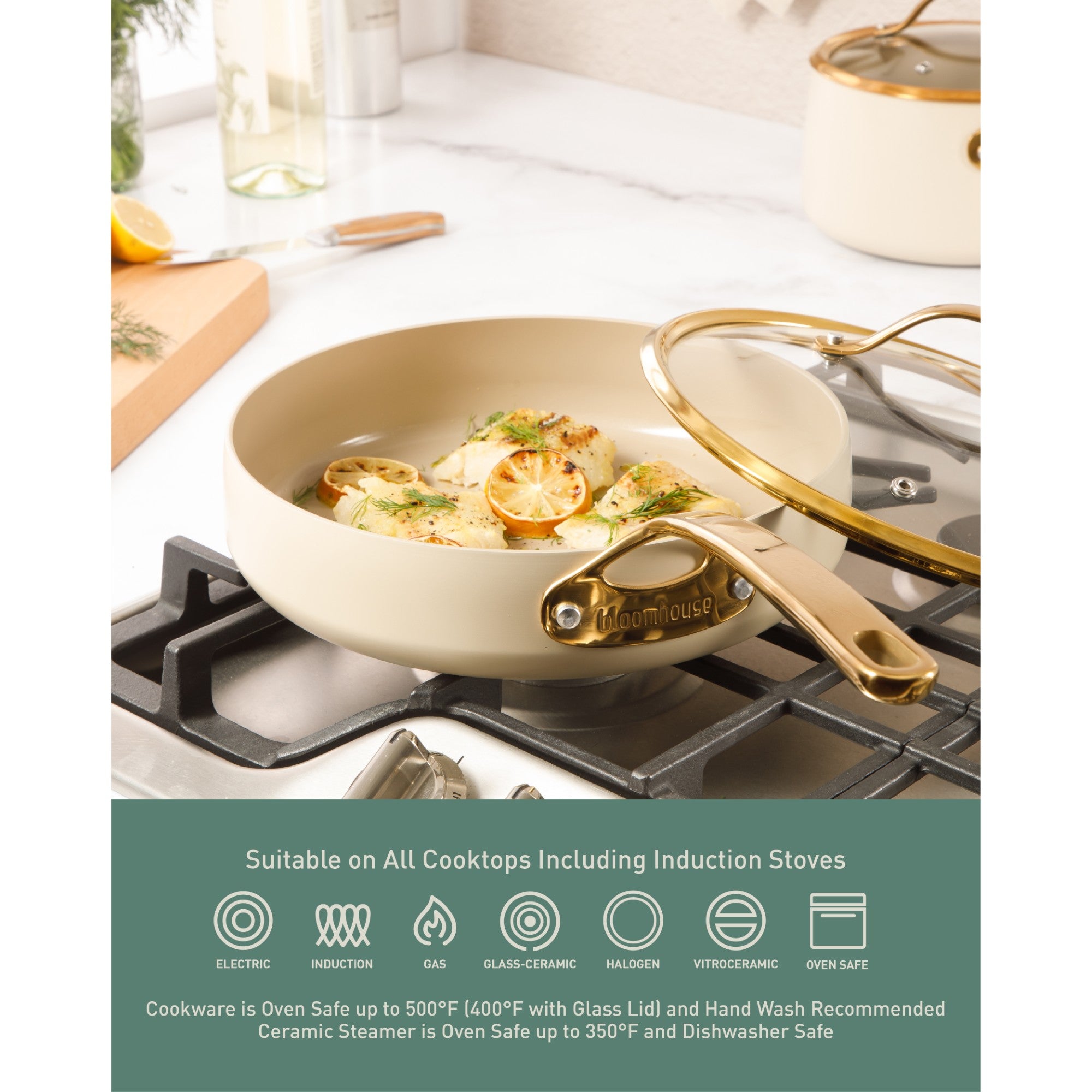 Bloomhouse 15 Piece Pots and Pans Heavy Duty Aluminum Premium PFA Free Ceramic Nonstick Dutch Oven Pot with Lid - Linen White with Gold Handle