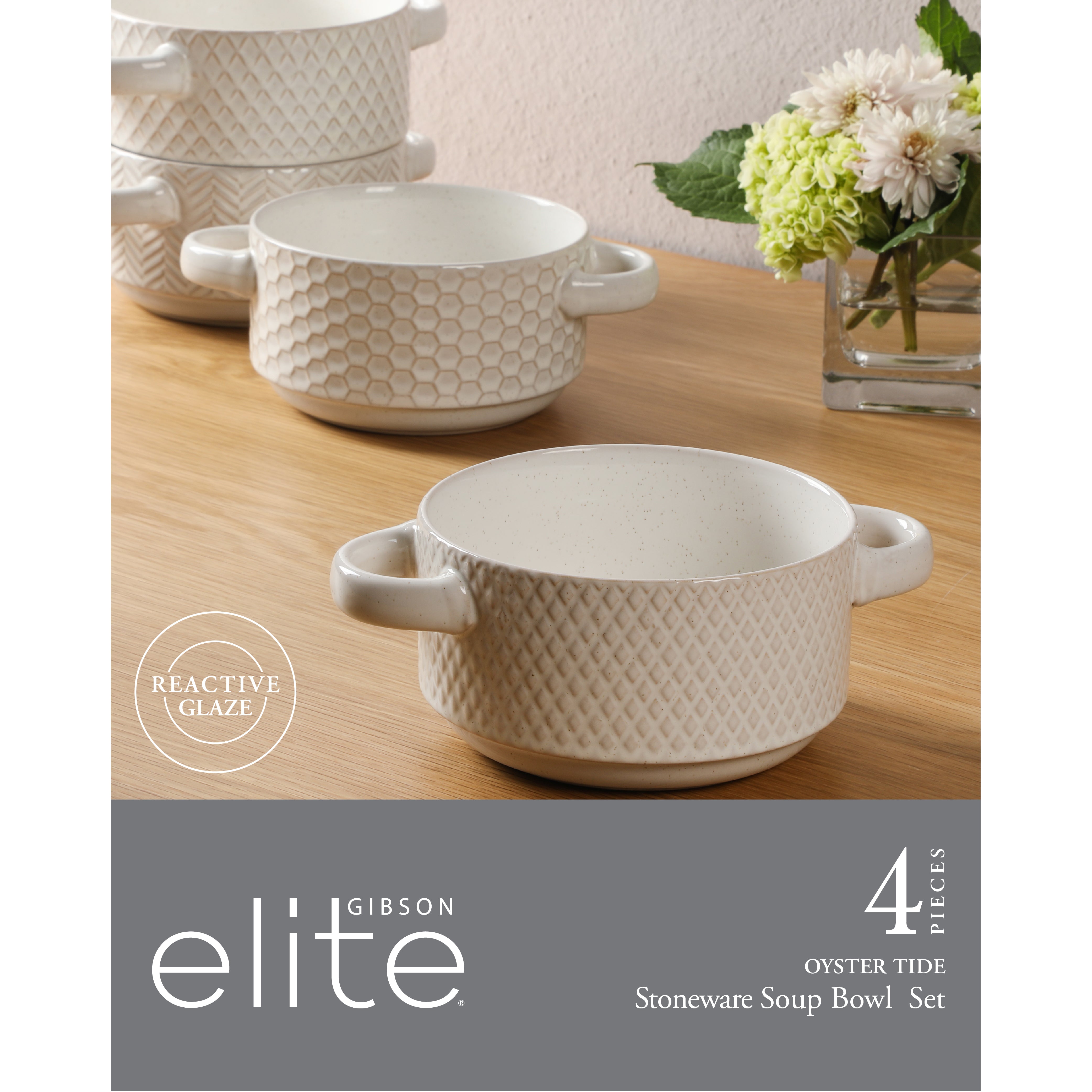 Gibson Elite Oyster Tide Embossed 6 Inch Soup Bowls with Handles. French Onion Soup Crocks, Stackable Soup Bowl, Chili, Beef Stew Reactive Glaze  Stackable Ceramic Bowl, Set of 4, White