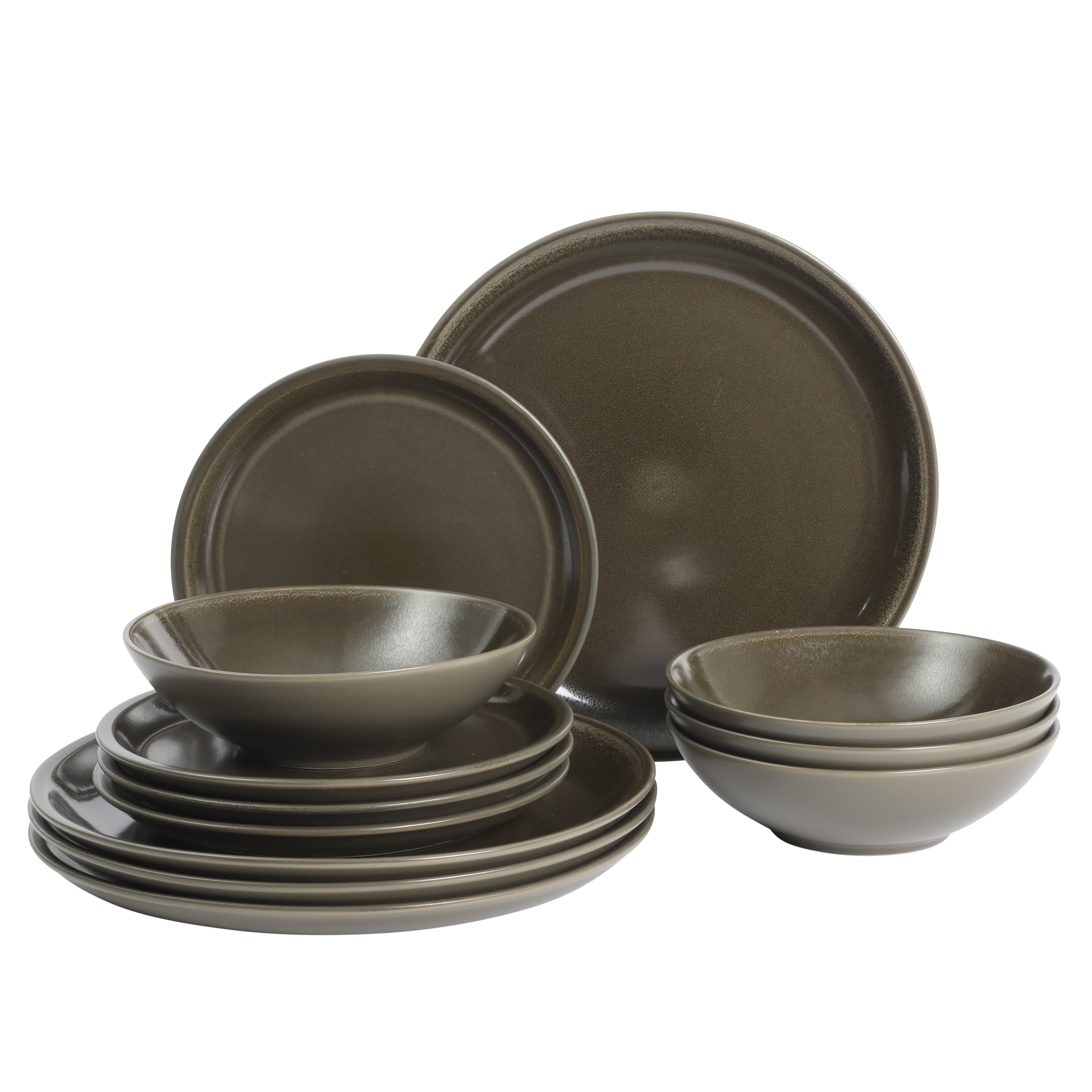 Gibson Elite 12 Piece (Service for 4) Lakecrest Plates and Bowls Reactive Glaze Round Dishes Stoneware Ceramic Dinnerware Set - Dark Green