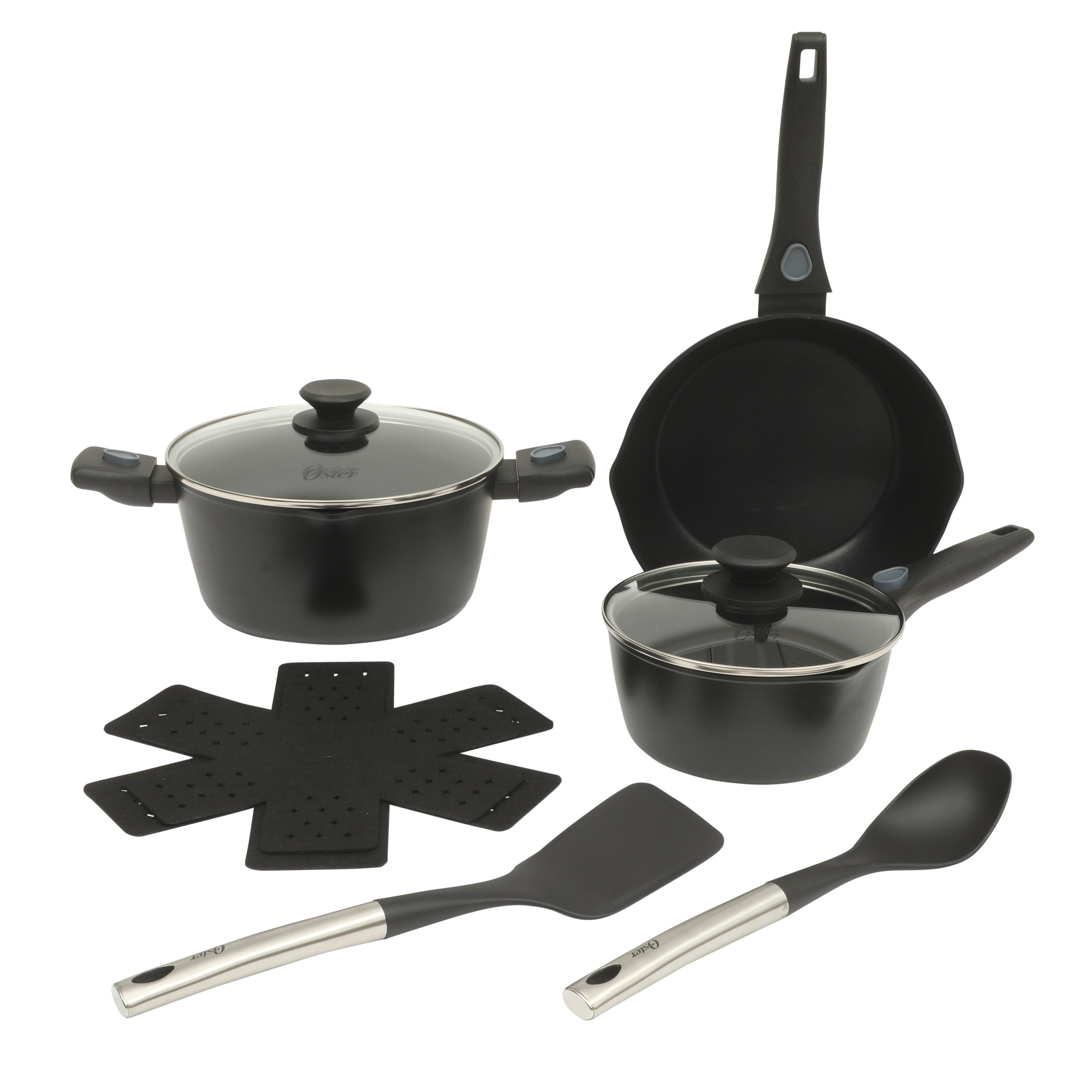 Oster SmartHandle Advance 13-Piece Nonstick Cookware Set – Matte Black Finish, Induction Base, Detachable Handles, Forged Aluminum, Oven & Dishwasher Safe, With Utensils & Pan Protectors
