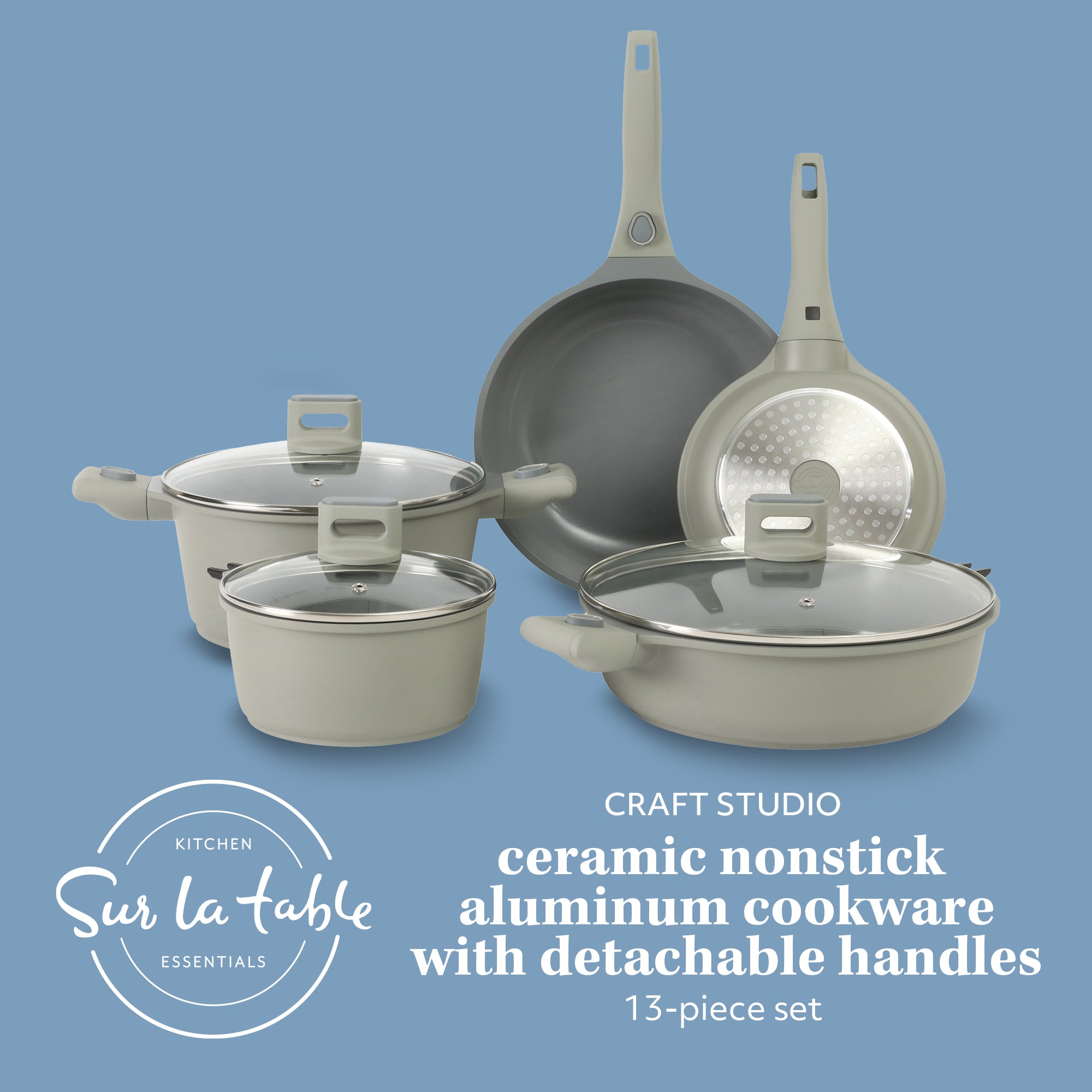 Sur La Table Kitchen Essentials 13 Piece Detachable Handle Pots and Pans Premium PFA Free Premium Ceramic Induction Cookware Set
