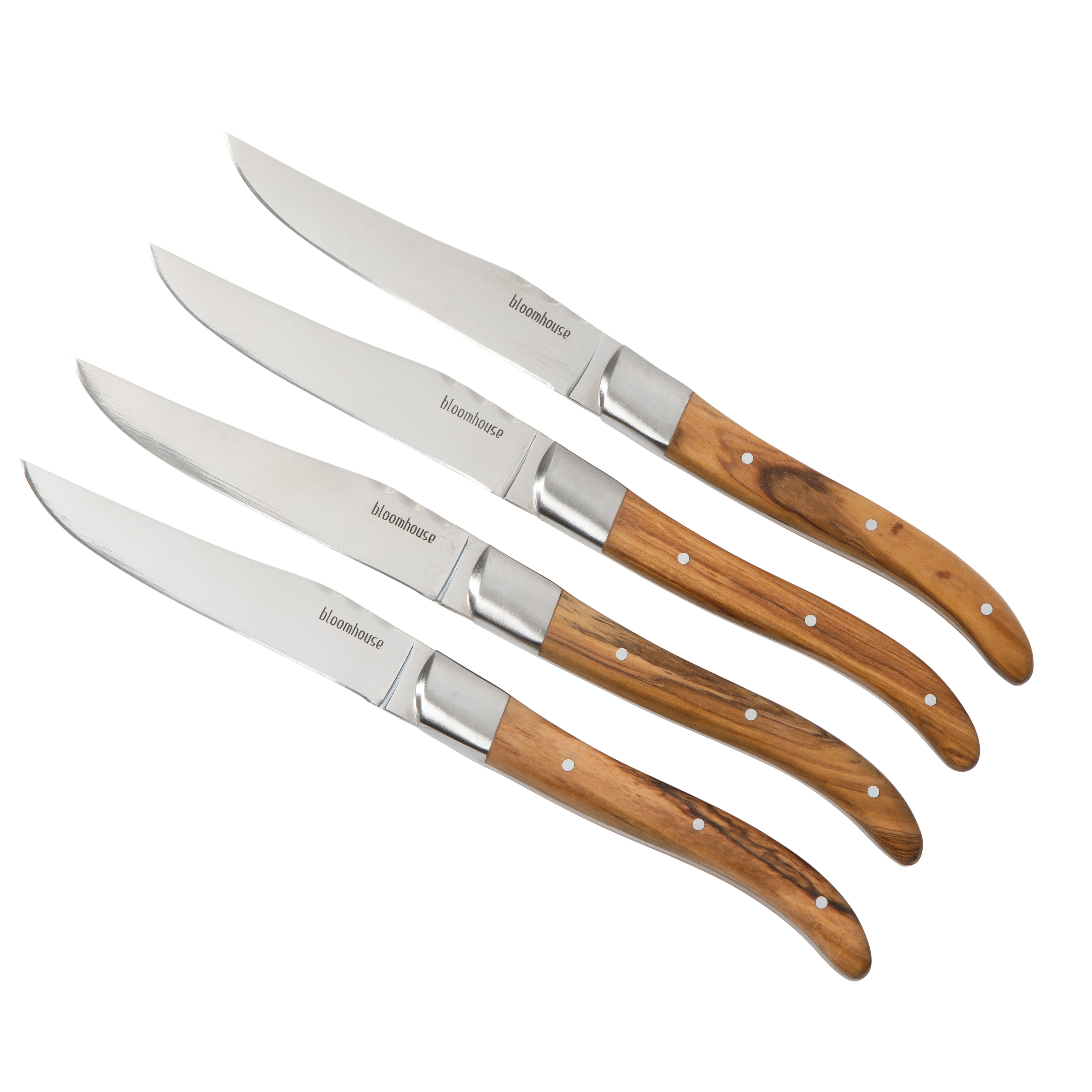 Bloomhouse 4-Piece German Stainless Steel Steak Knife Set – Premium Olive Wood Handle Steak Knives, Full-Tang Blades for Dining