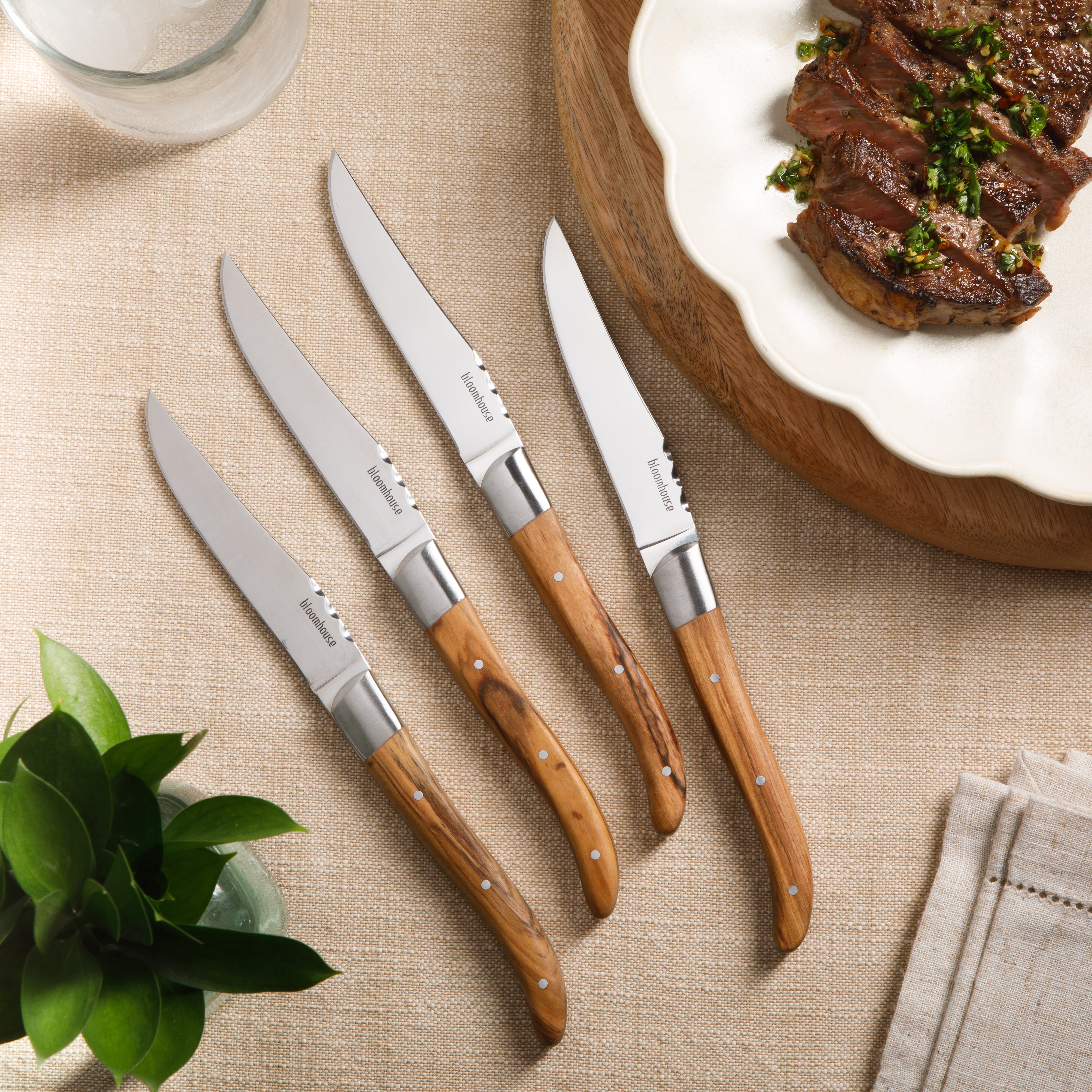 Bloomhouse 4-Piece German Stainless Steel Steak Knife Set – Premium Olive Wood Handle Steak Knives, Full-Tang Blades for Dining
