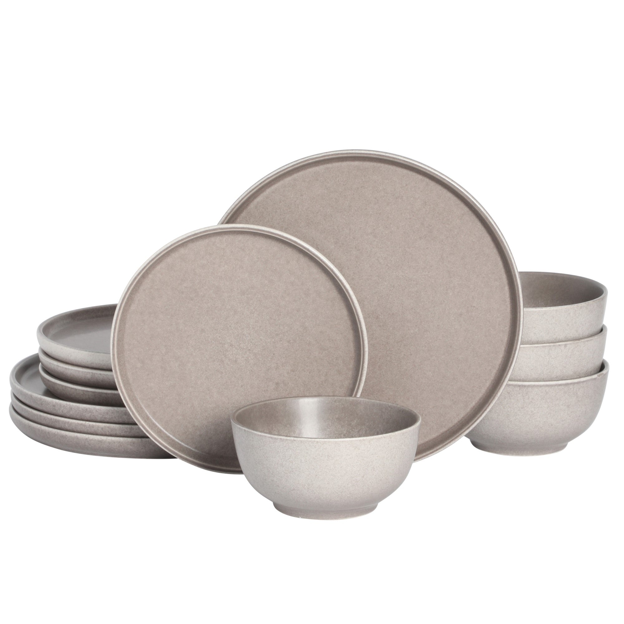 Gibson Elite Eden Rock 12-Piece (Service for 4) Plates and Bowls reactive Glaze Round Dishes Stoneware Ceramic Dinnerware Set - Matte Brown