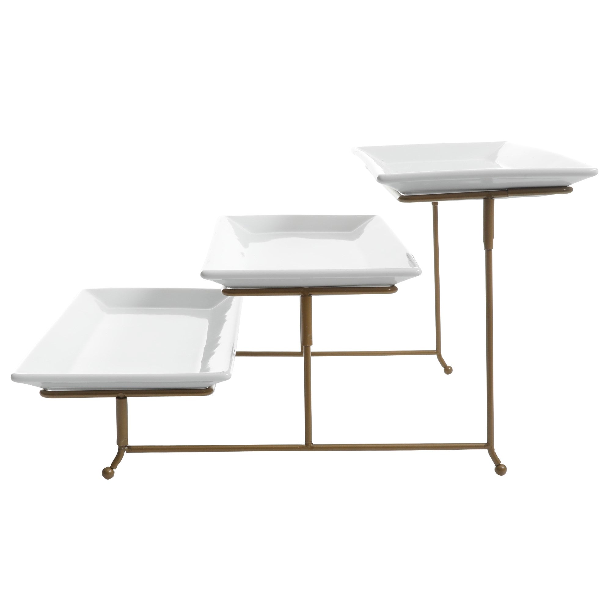 Gibson Home Gracious Dining Dinnerware, 3-Tier Rectangle Plate Serving Set with Gold Metal Stand, White
