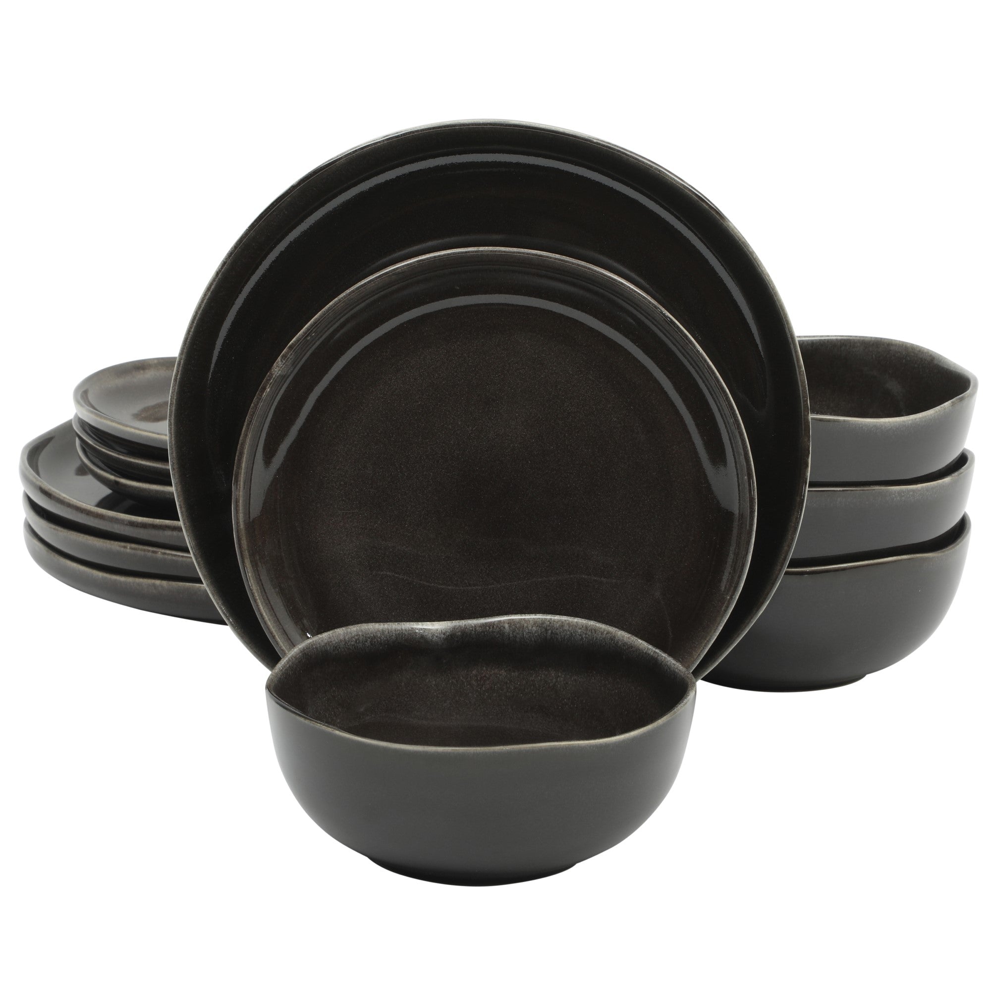 Gibson Soho Lounge Nardini 12 Piece (Service for 4) Plates and Bowls Reactive Glaze Dishes Stoneware Ceramic Dinnerware Set - Black and Blue