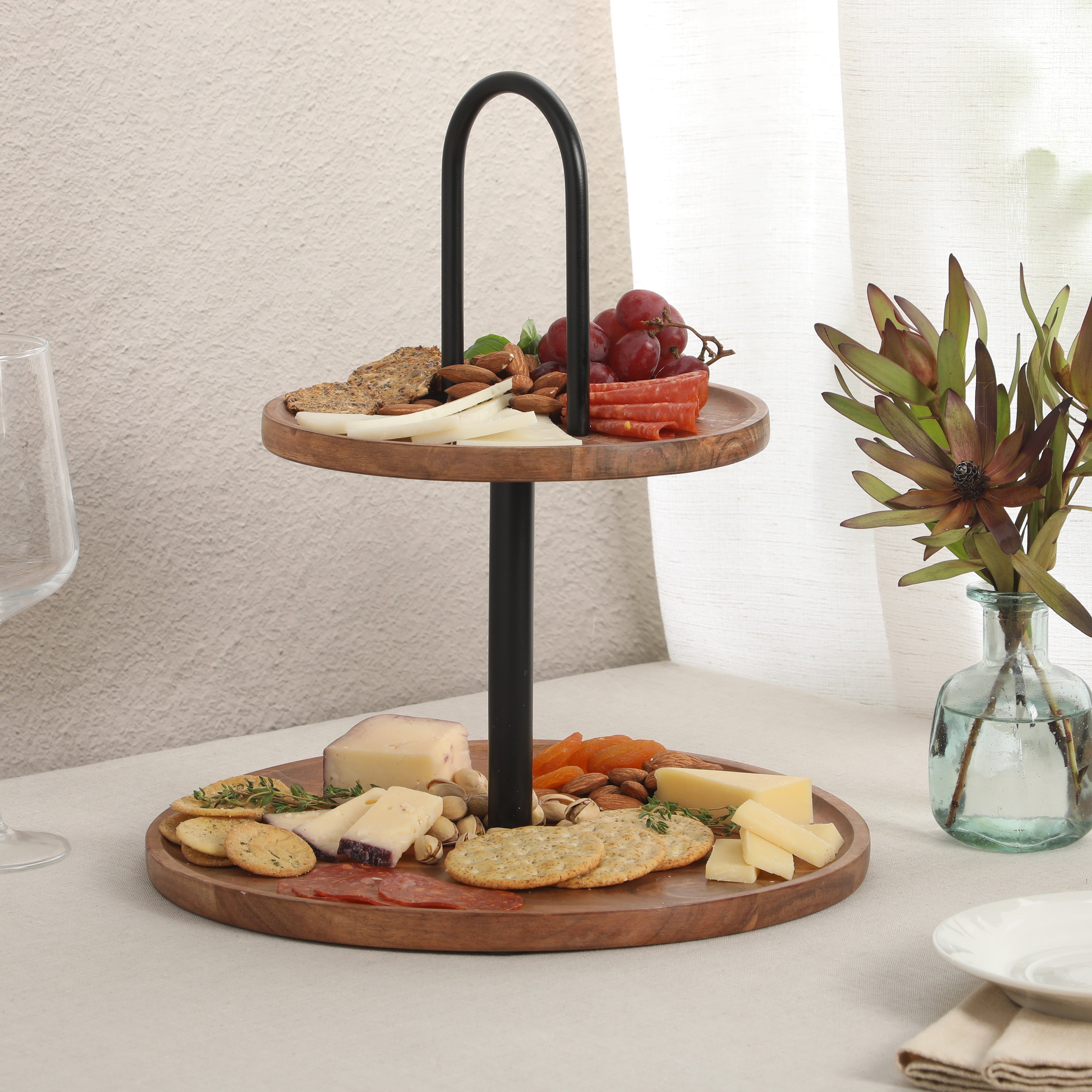 Gibson Home Gracious Dining 2-Tier Round Acacia Wood Serving Tray – Rustic Charcuterie Board Stand with Black Iron Handle – Tiered Party Platter, Dessert Display or Lazy Susan for Entertaining