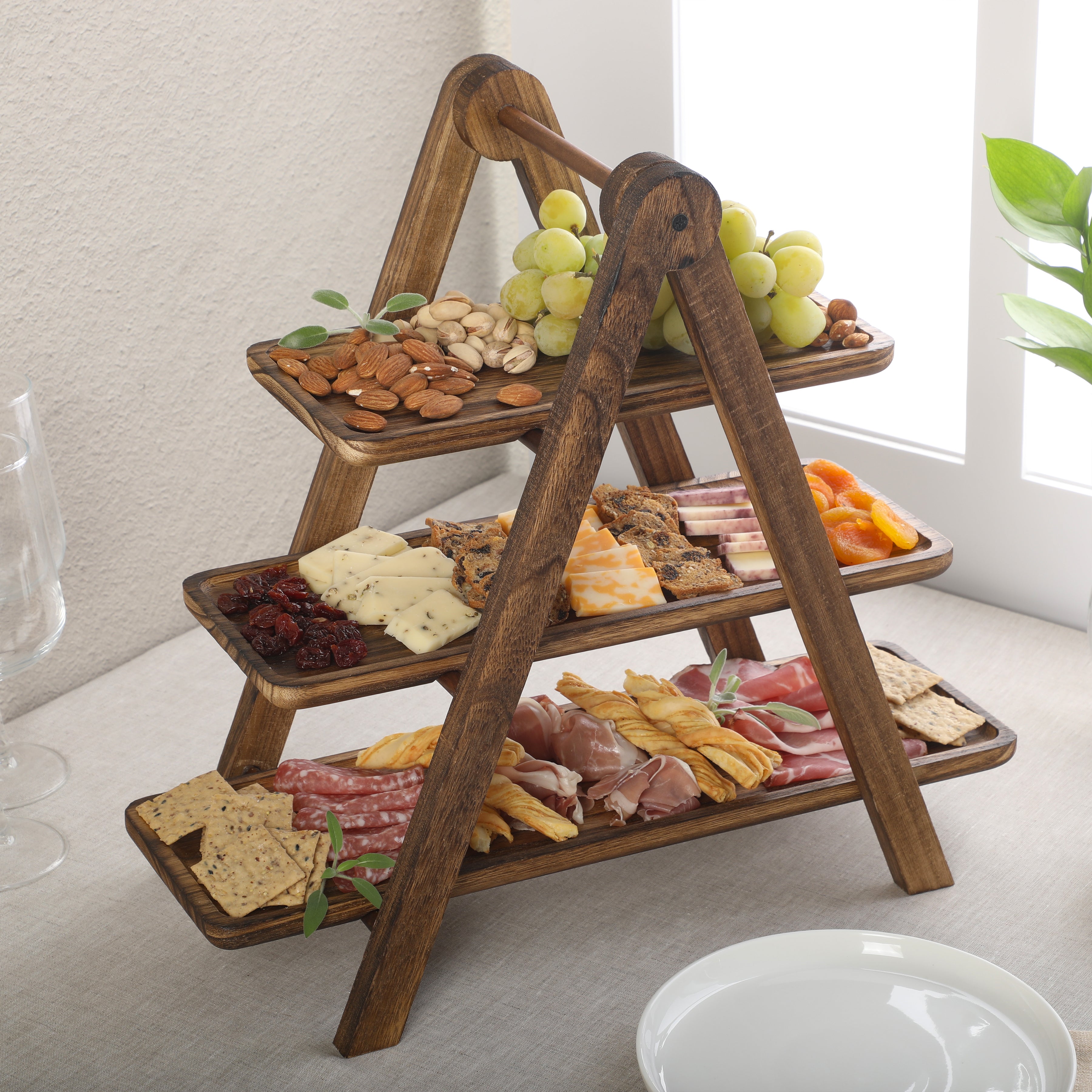 Gibson Home Truss Peak 3 Tier Serving Tray for Party, 18" Acacia Wood Cupcake/Charcuterie/ Dessert Farmhouse Tiered Platters with Collapsible Wood Rack