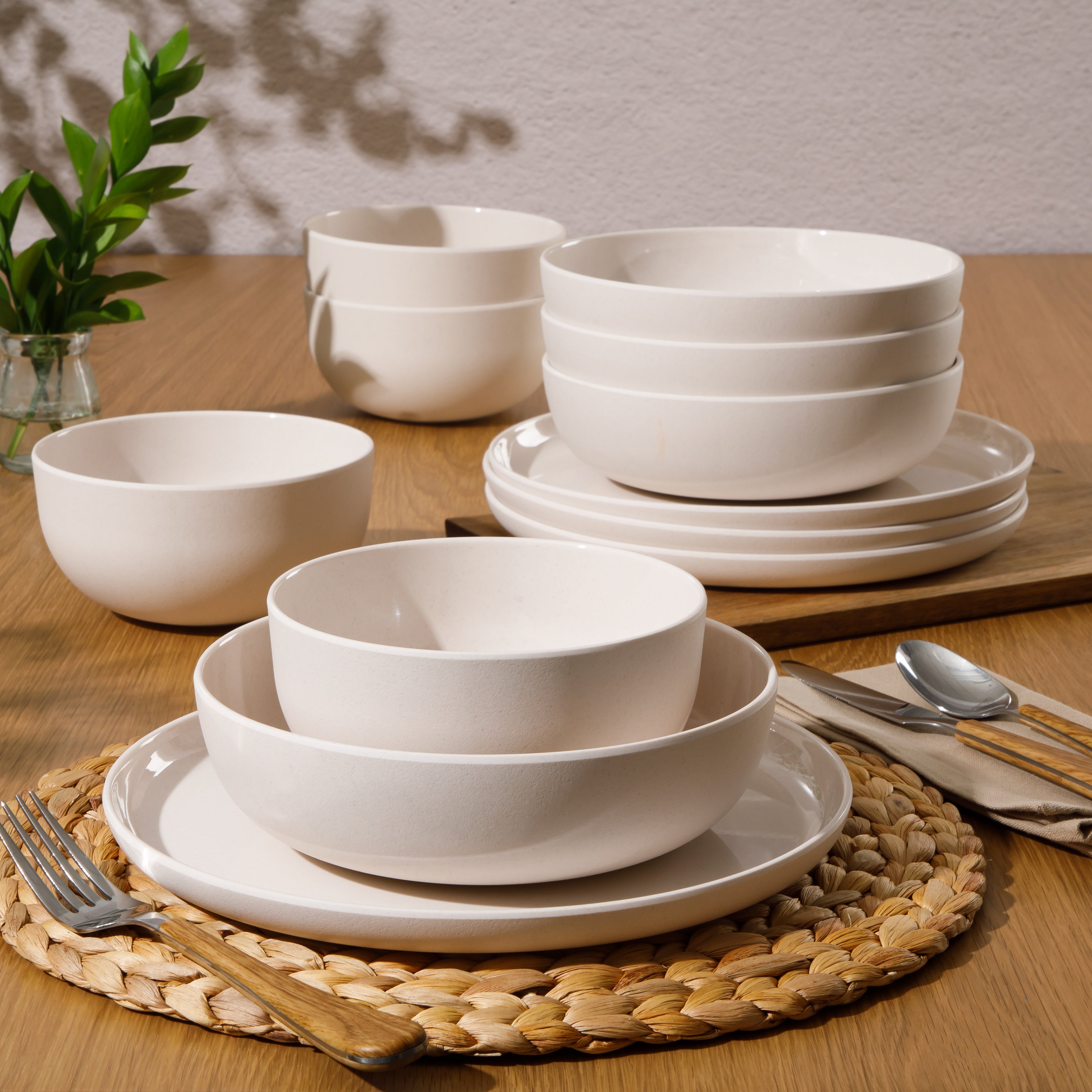 Gibson Home Candy Skies 12 Piece Unbreakable Wheat Straw Melamine Plates and Bowls Dinnerware Set - Outdoor, Camping, & Everyday Use - Matte Exterior/Shiny Interior