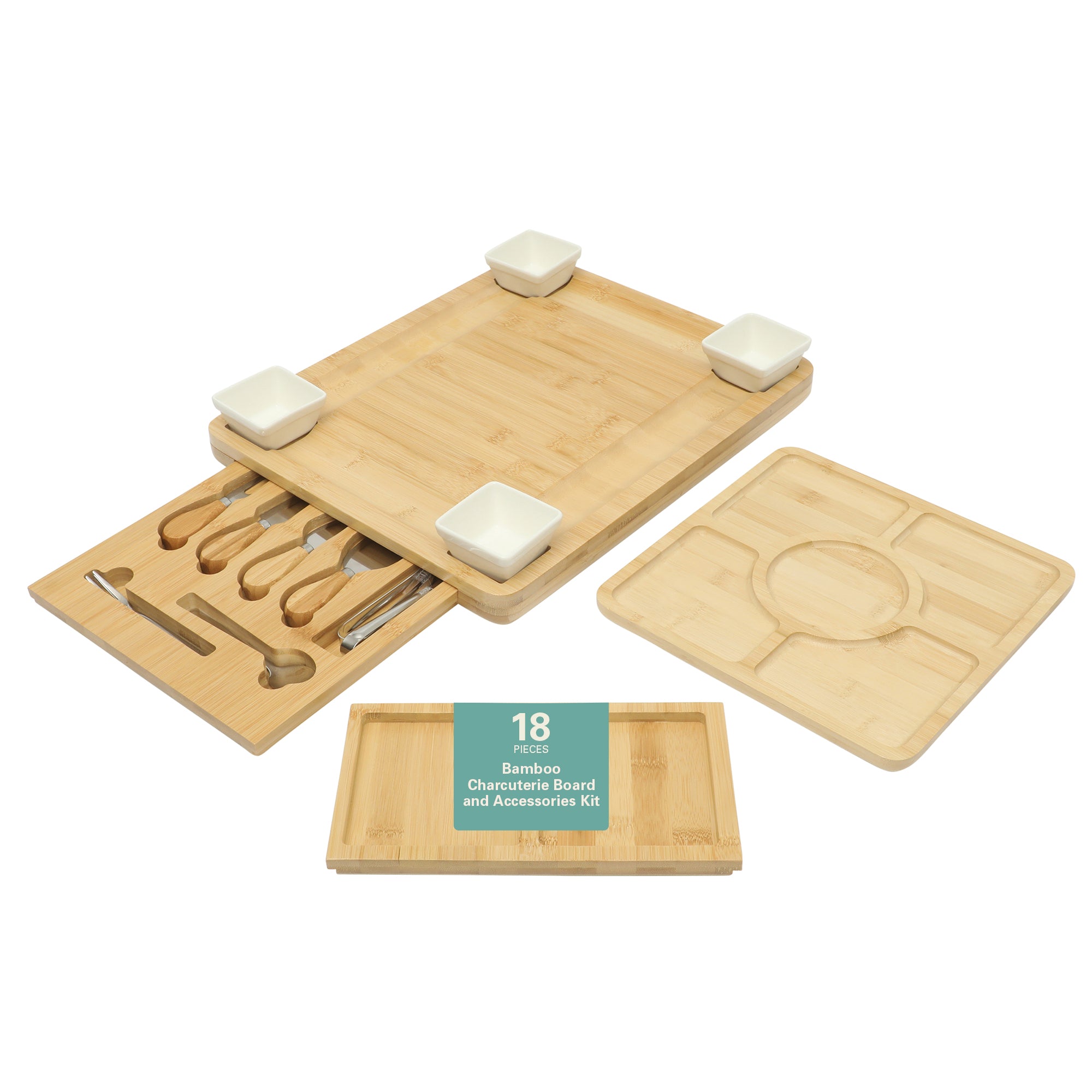 Gibson Home Rustic Inspirations 18-Piece Bamboo Charcuterie Board Set for Serving – Large Cheese & Fruit Tray with Hidden Drawer, Ceramic Bowls, Utensils – Gift for Entertaining, Housewarming, Holidays