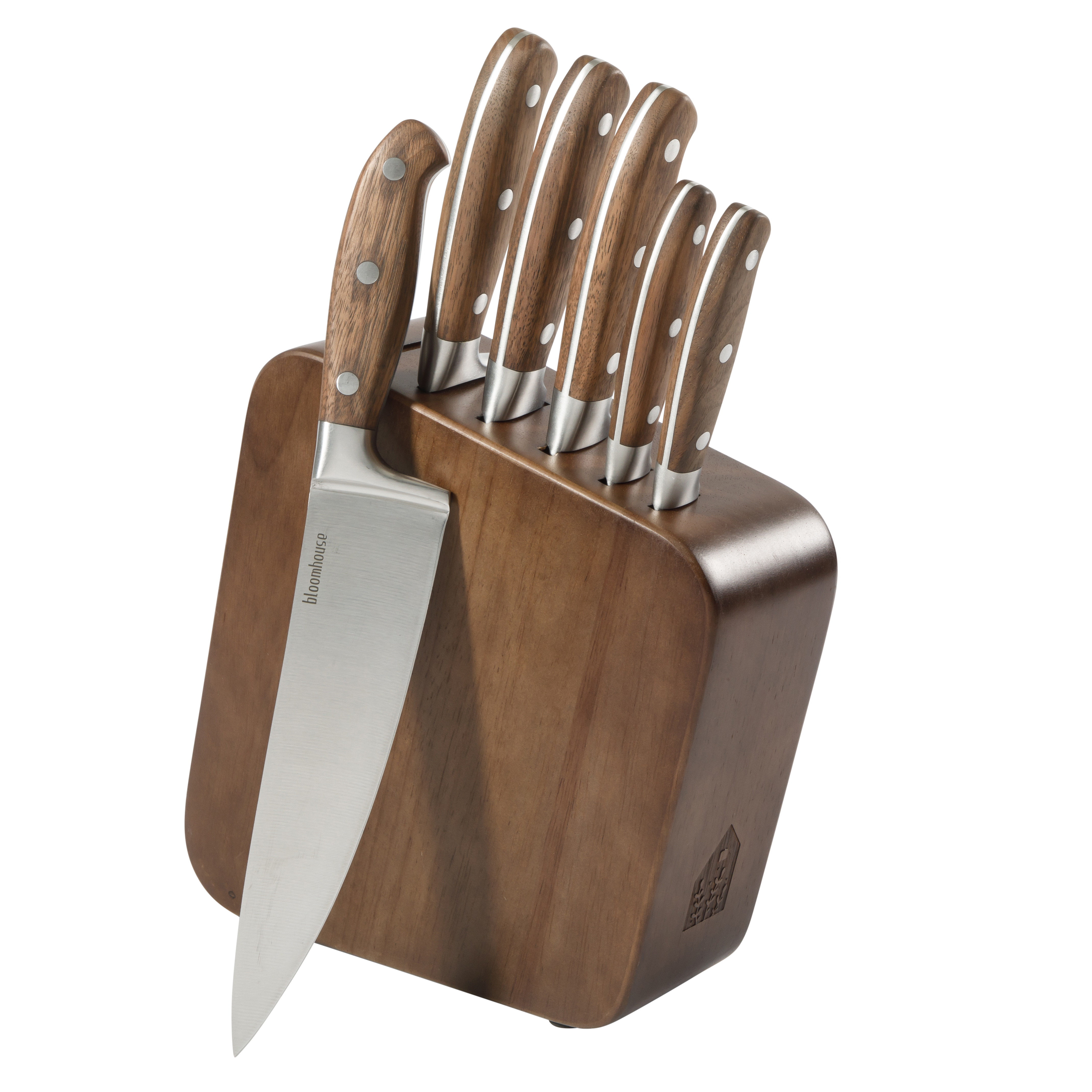 Bloomhouse 7 Piece Italian Walnut Wood Knife Block Set W/ German Steel Forged Knives