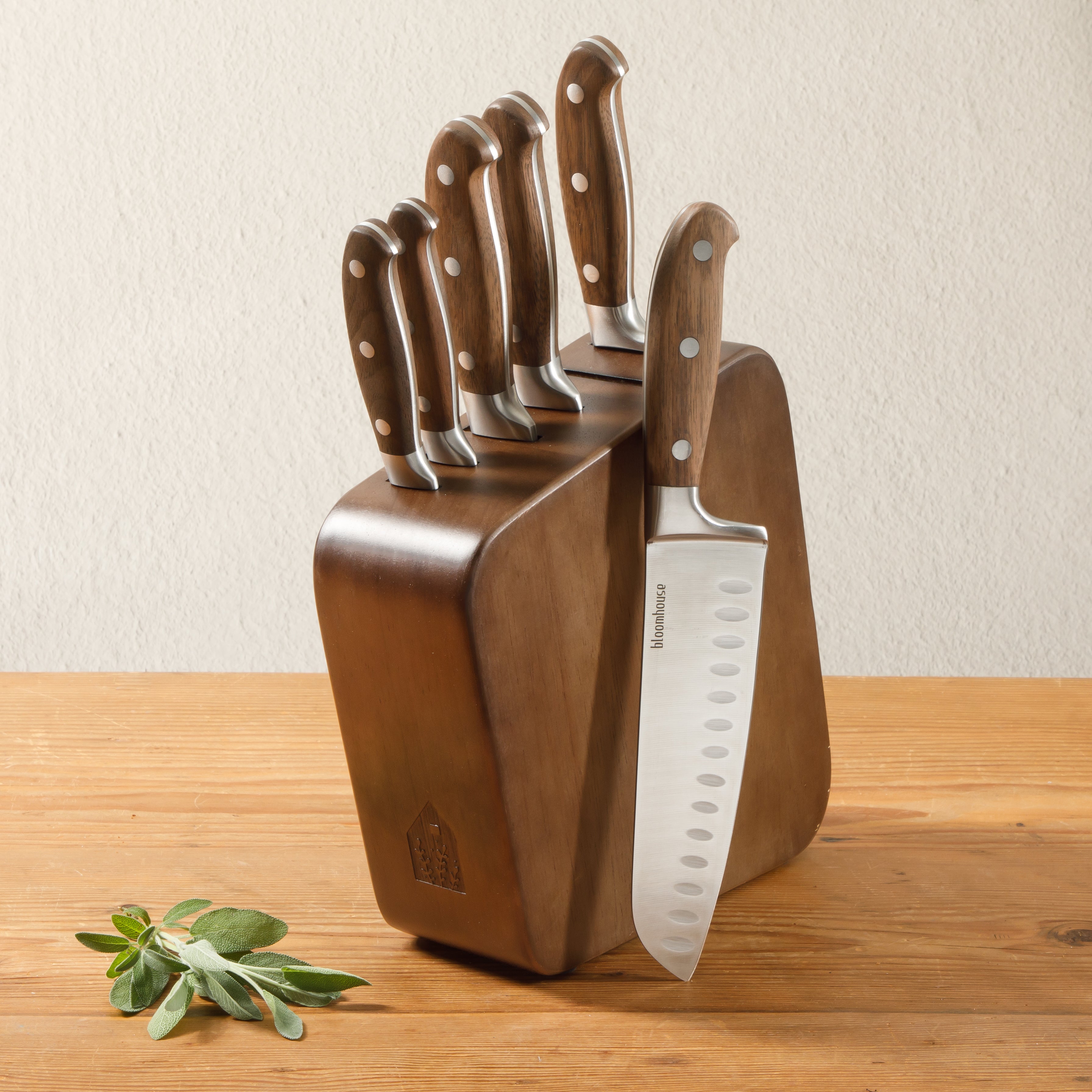 Bloomhouse 7 Piece Italian Walnut Wood Knife Block Set W/ German Steel Forged Knives