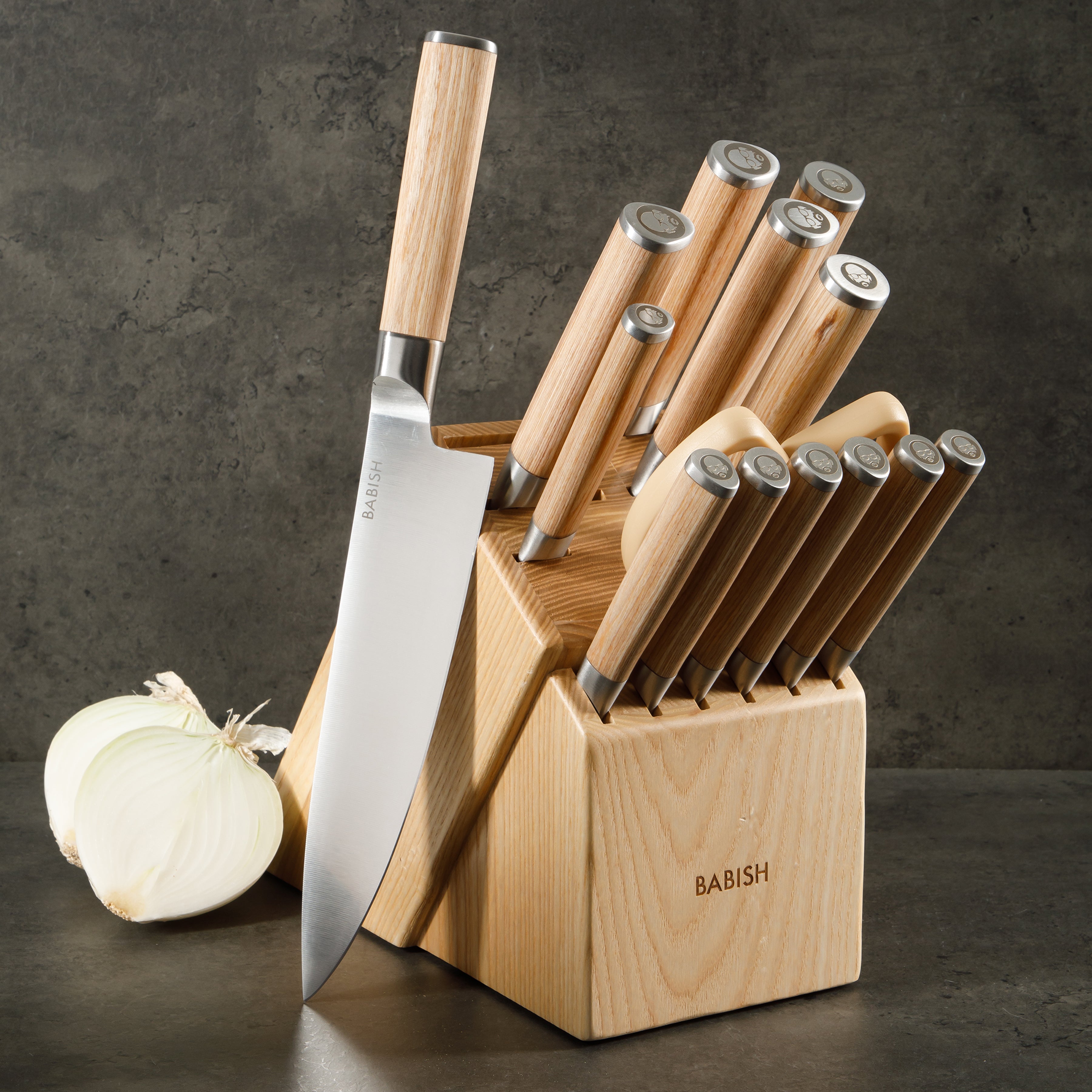 Babish High-Carbon 1.4116 German Steel 15 Piece Full Tang Forged Cutlery Kitchen Knife Block Set - Light/Dark Pakka Wood Handle