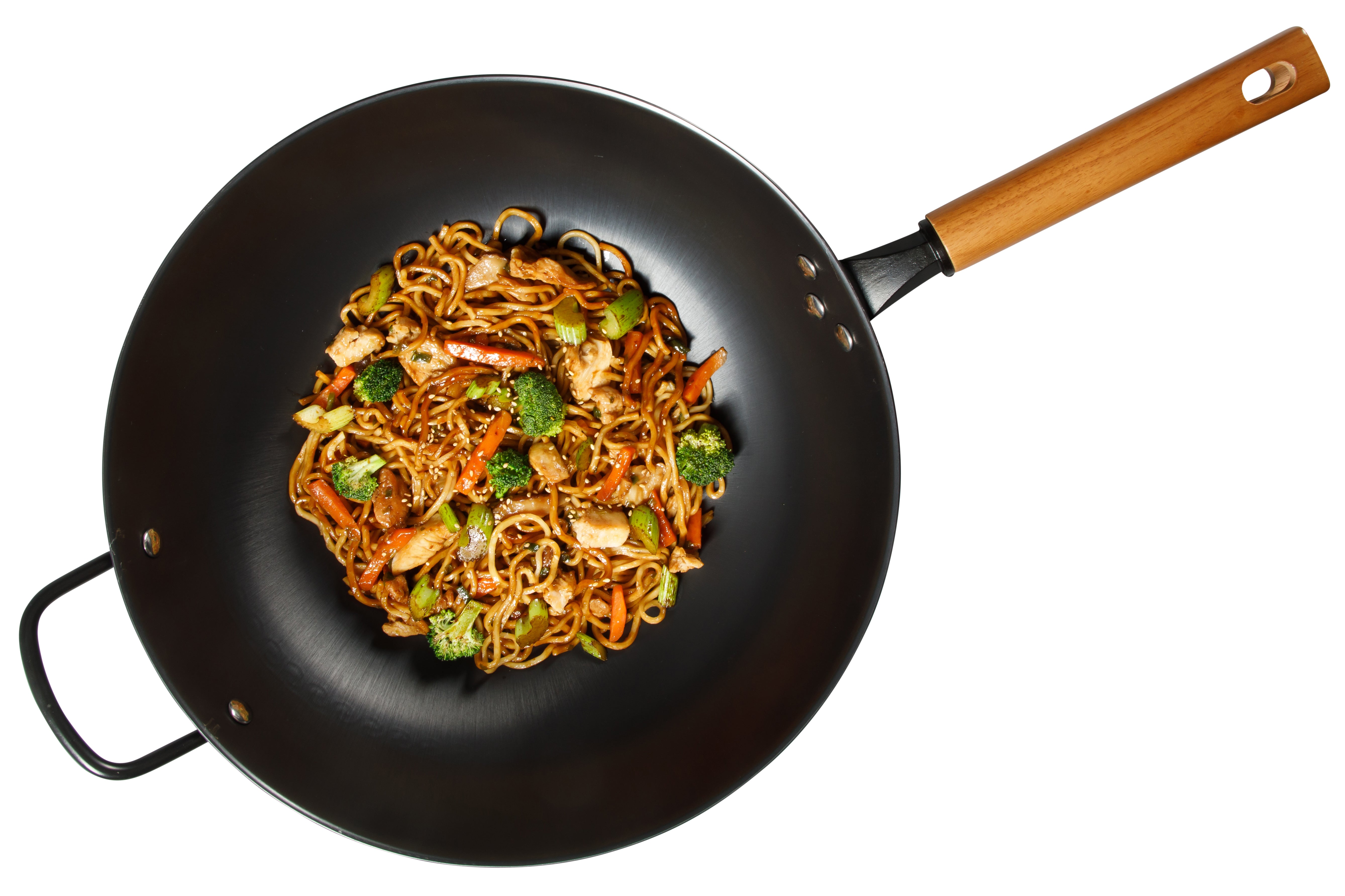 Oster Dunwood 3 Piece Carbon Steel Wok, 13.8” PFAS-Free Stir Fry Pan with Wooden Spatulas, High Heat, Oven & Stovetop Safe