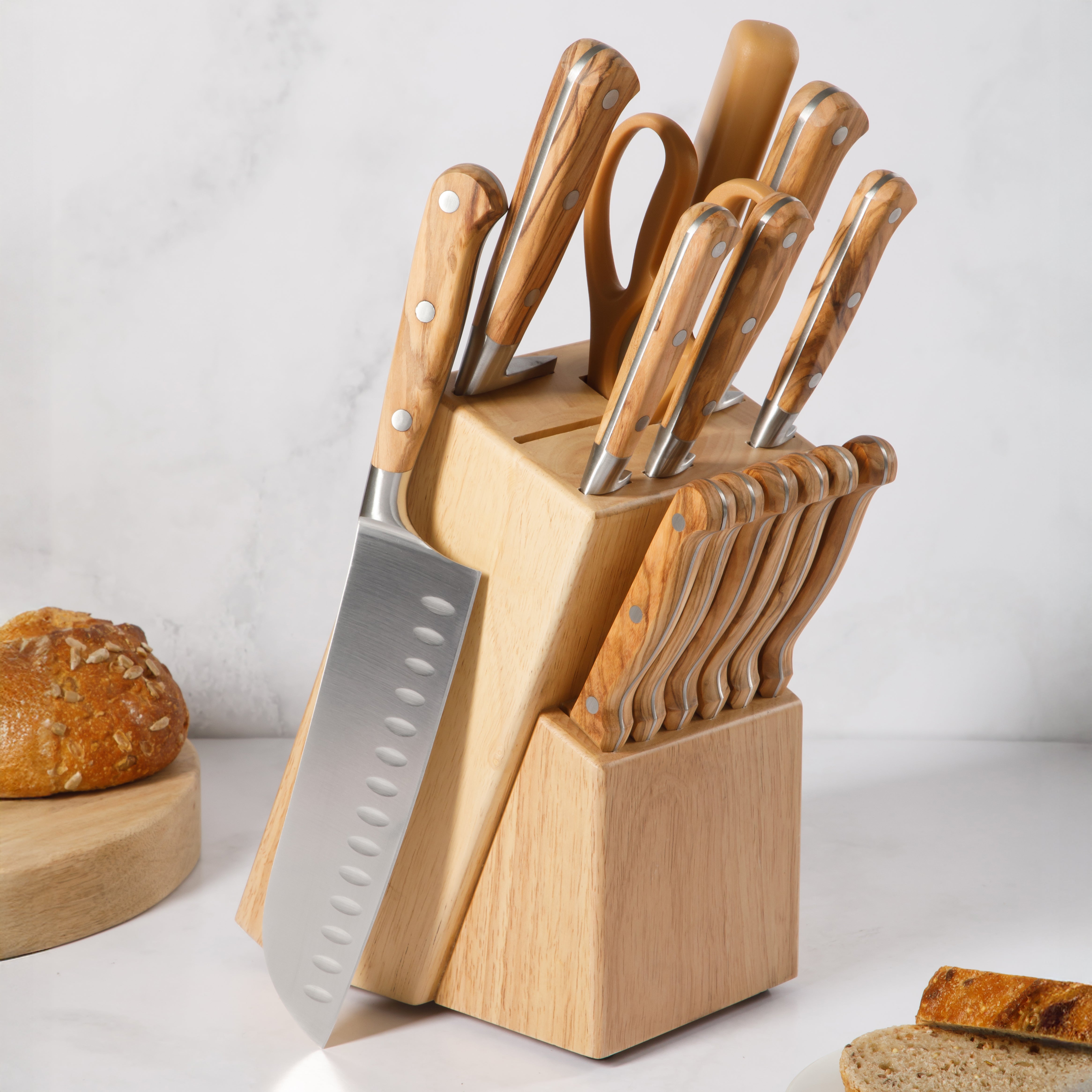 Martha Stewart 15 Piece Austenwood German Stainless Steel Cutlery Kitchen Knife Block Set W/ Italian Olive Wood Forged Handle & Wood Block