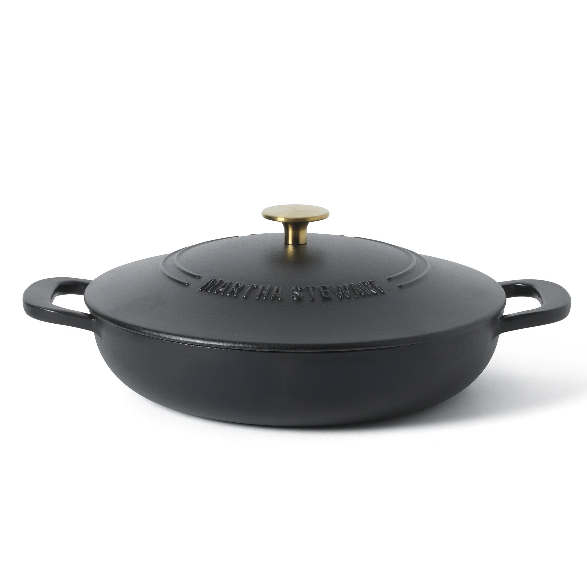 Martha Stewart Gatwick Enameled Cast Iron Braiser with Lid, 3.5-Quart Braiser Pan for Stovetop & Oven, Cast Iron Braising Pan with Gold Knob