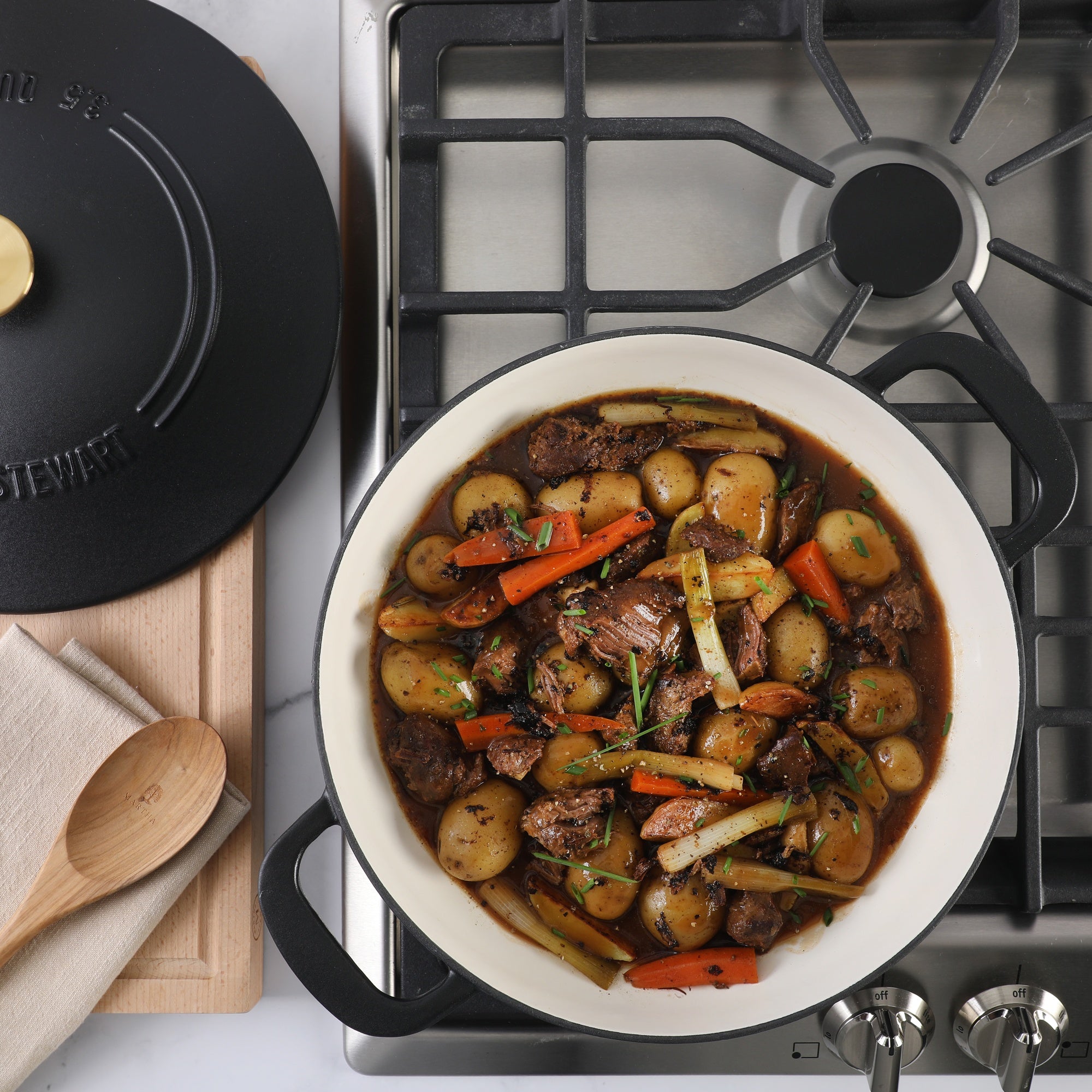 Martha Stewart Gatwick Enameled Cast Iron Braiser with Lid, 3.5-Quart Braiser Pan for Stovetop & Oven, Cast Iron Braising Pan with Gold Knob
