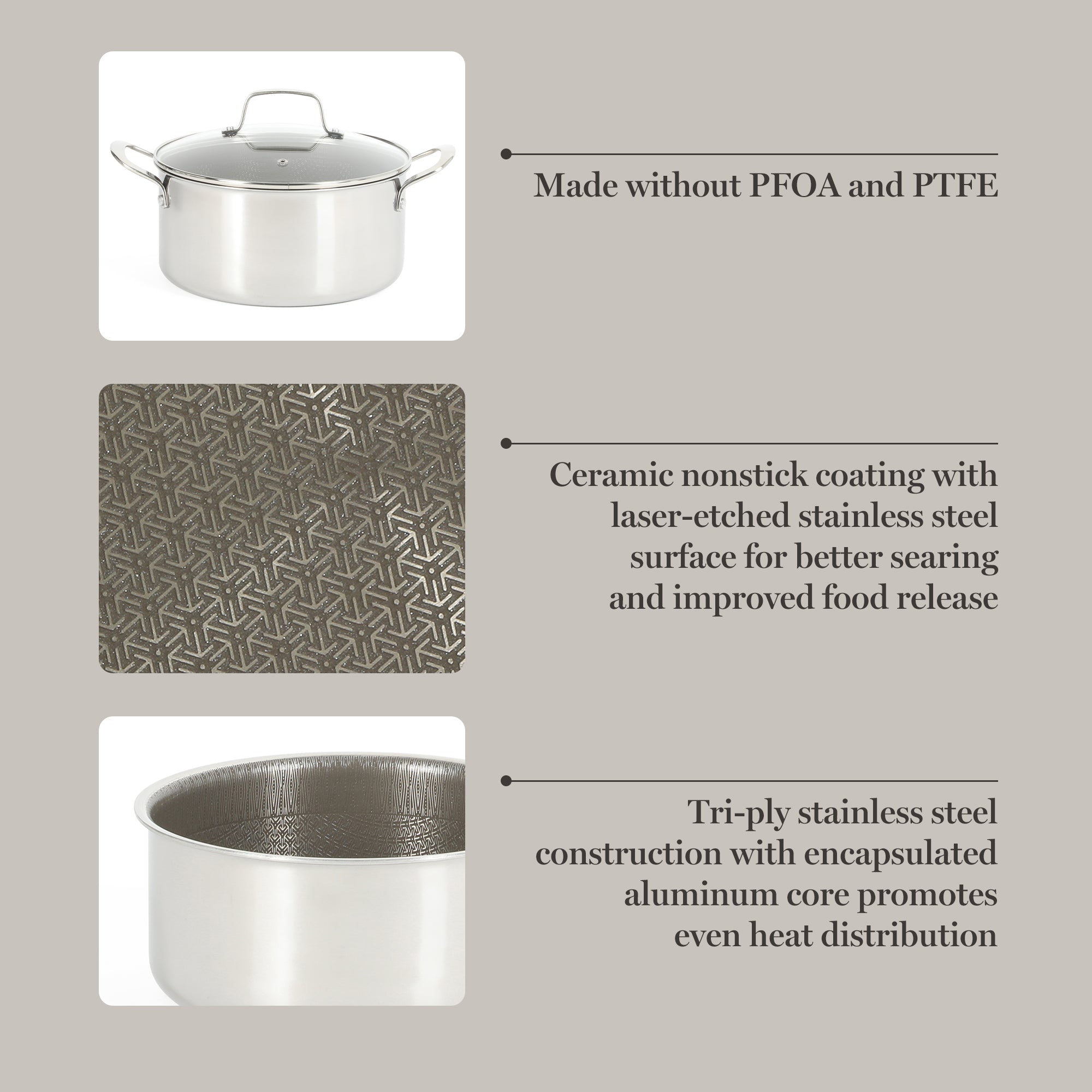 Martha Stewart Badgley Hybrid Nonstick 10 Piece TriPly Stainless Steel Pots and Pans Non-Toxic Kitchen Cookware Set - Laser Etched Non-Toxic Nonstick W/ Stay Cool Handle - Dishwasher and Induction Safe