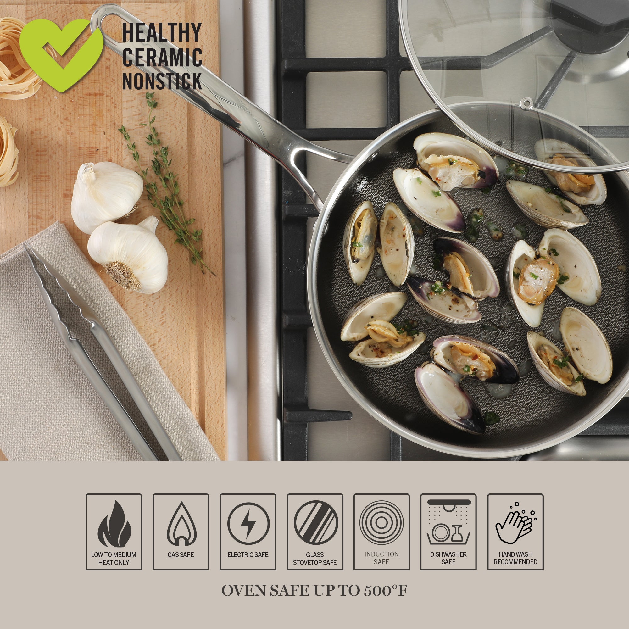 Martha Stewart Badgley Hybrid Nonstick 10 Piece TriPly Stainless Steel Pots and Pans Non-Toxic Kitchen Cookware Set - Laser Etched Non-Toxic Nonstick W/ Stay Cool Handle - Dishwasher and Induction Safe