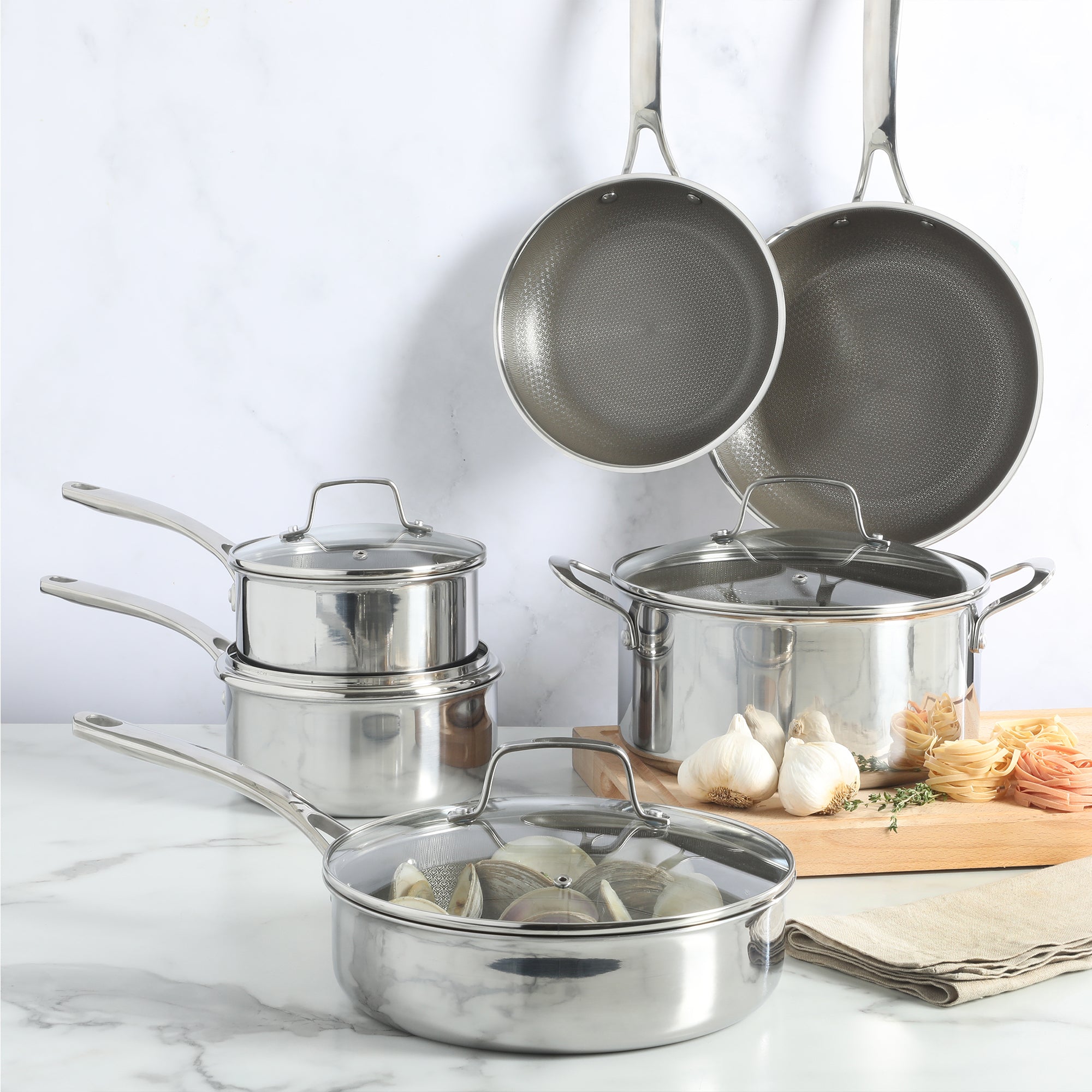 Martha Stewart Badgley Hybrid Nonstick 10 Piece TriPly Stainless Steel Pots and Pans Non-Toxic Kitchen Cookware Set - Laser Etched Non-Toxic Nonstick W/ Stay Cool Handle - Dishwasher and Induction Safe