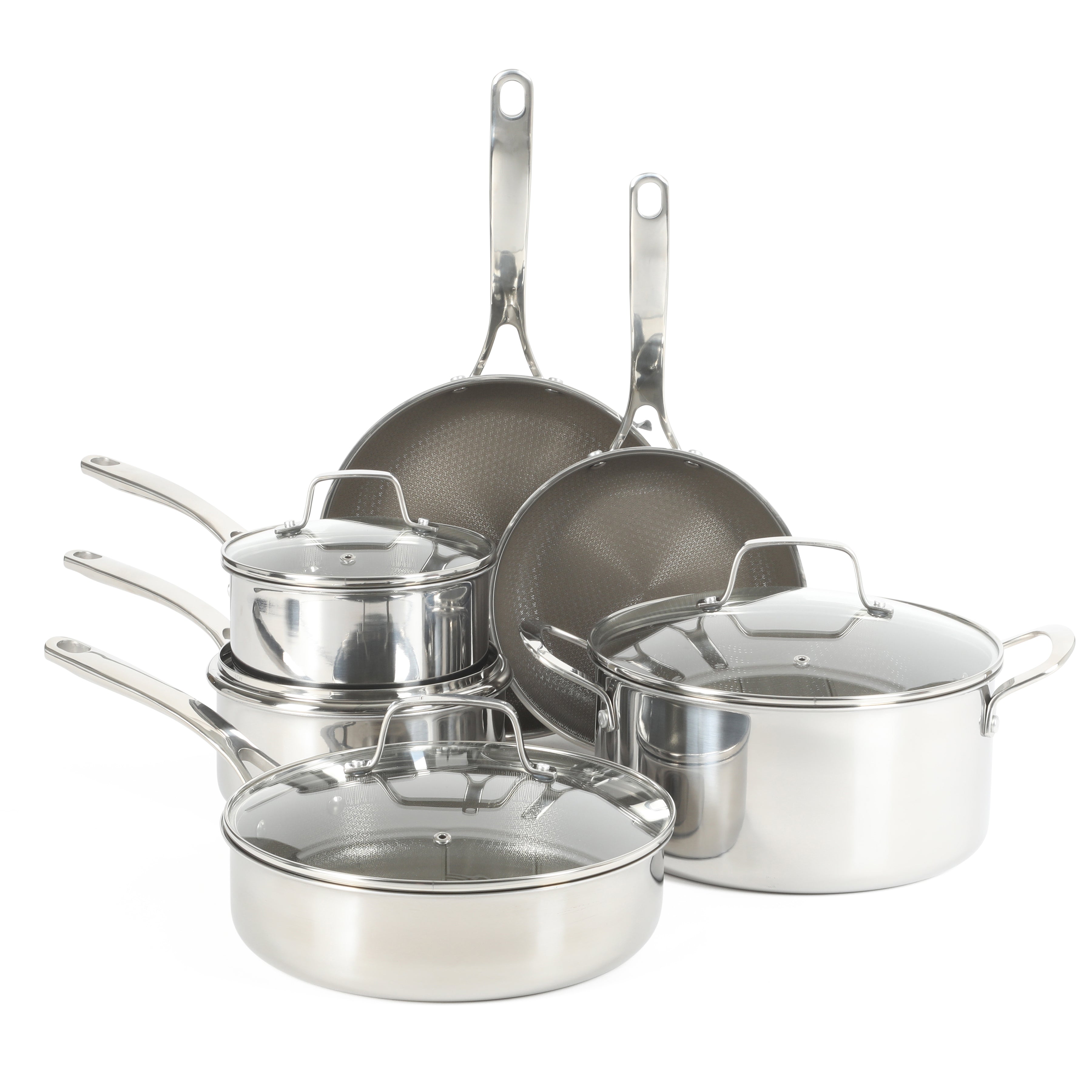 Martha Stewart Badgley Hybrid Nonstick 10 Piece TriPly Stainless Steel Pots and Pans Non-Toxic Kitchen Cookware Set - Laser Etched Non-Toxic Nonstick W/ Stay Cool Handle - Dishwasher and Induction Safe
