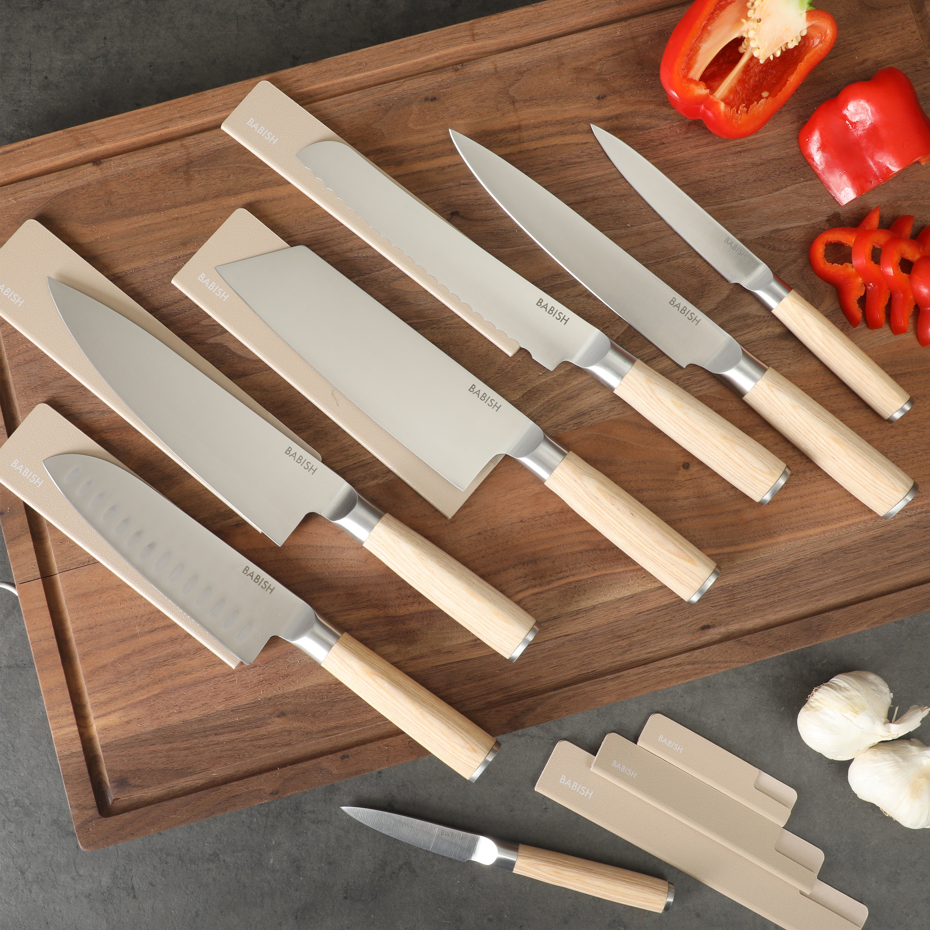 Babish 14-Piece Full Tang Forged Light/Dark Pakka Wood Kitchen Knife Set – High-Carbon 1.4116 German Steel Cutlery with Protective Sheaths – Professional Chef Knife Set