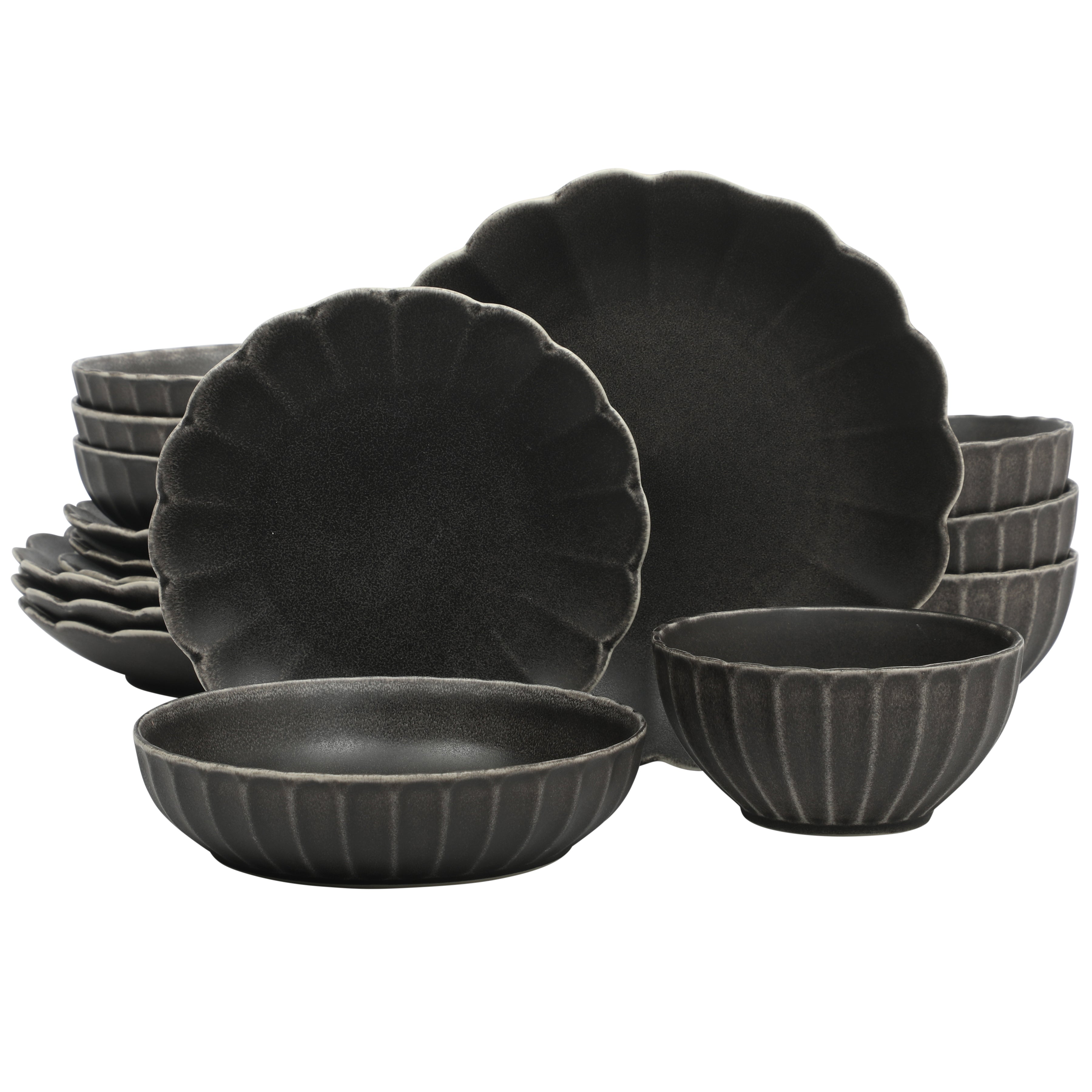 Gibson Elite Malibu Shore 16 Piece Scallop Stoneware Reactive Glaze (Service for 4) Ceramic Plates and Bowls Dinnerware Set