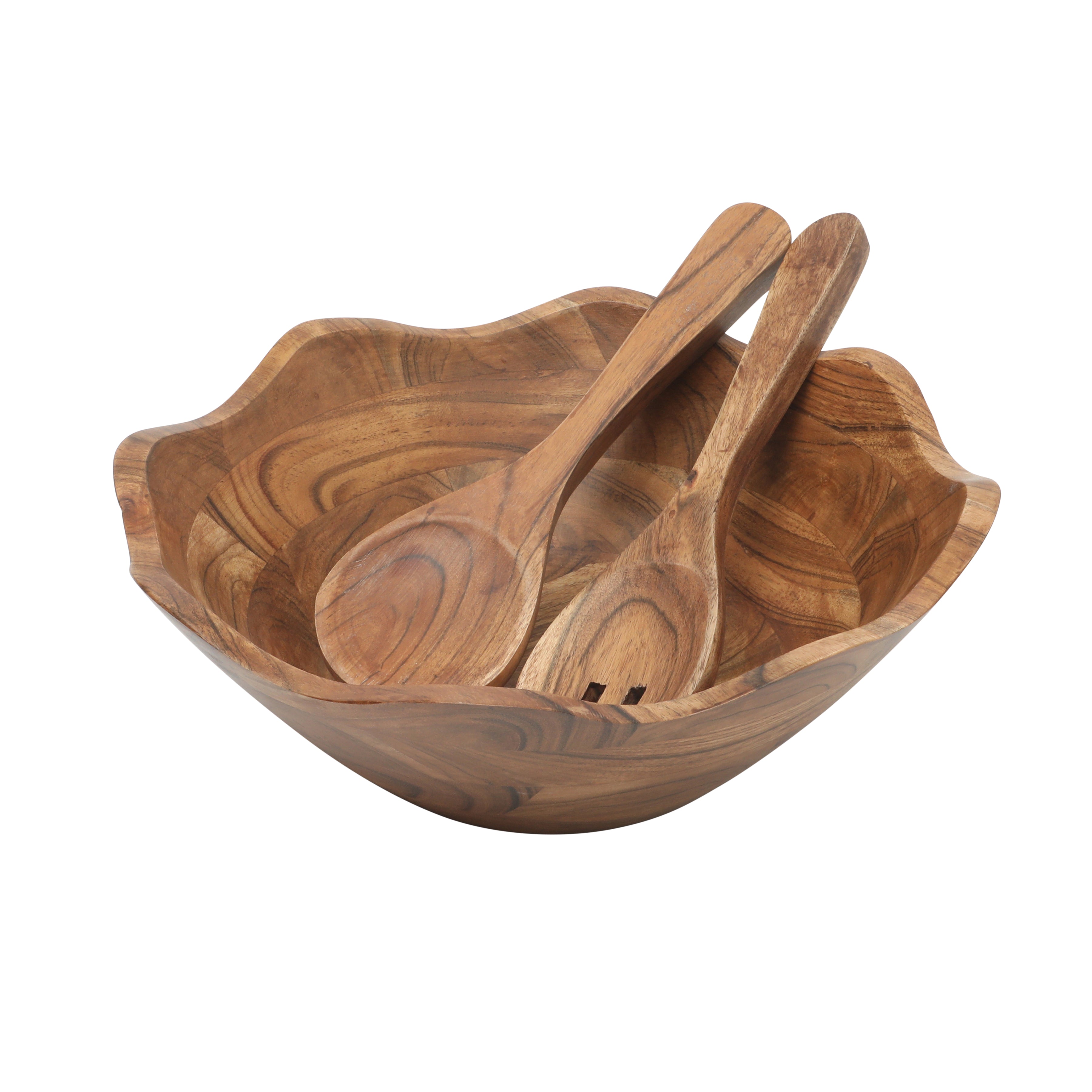 Gibson Home Sandhurst 3-Piece Acacia Wood Salad Bowl Set – 12-Inch Scalloped Serving Bowl with Wooden Salad Servers – Natural Rustic Finish for Dining, Entertaining, or Gifting