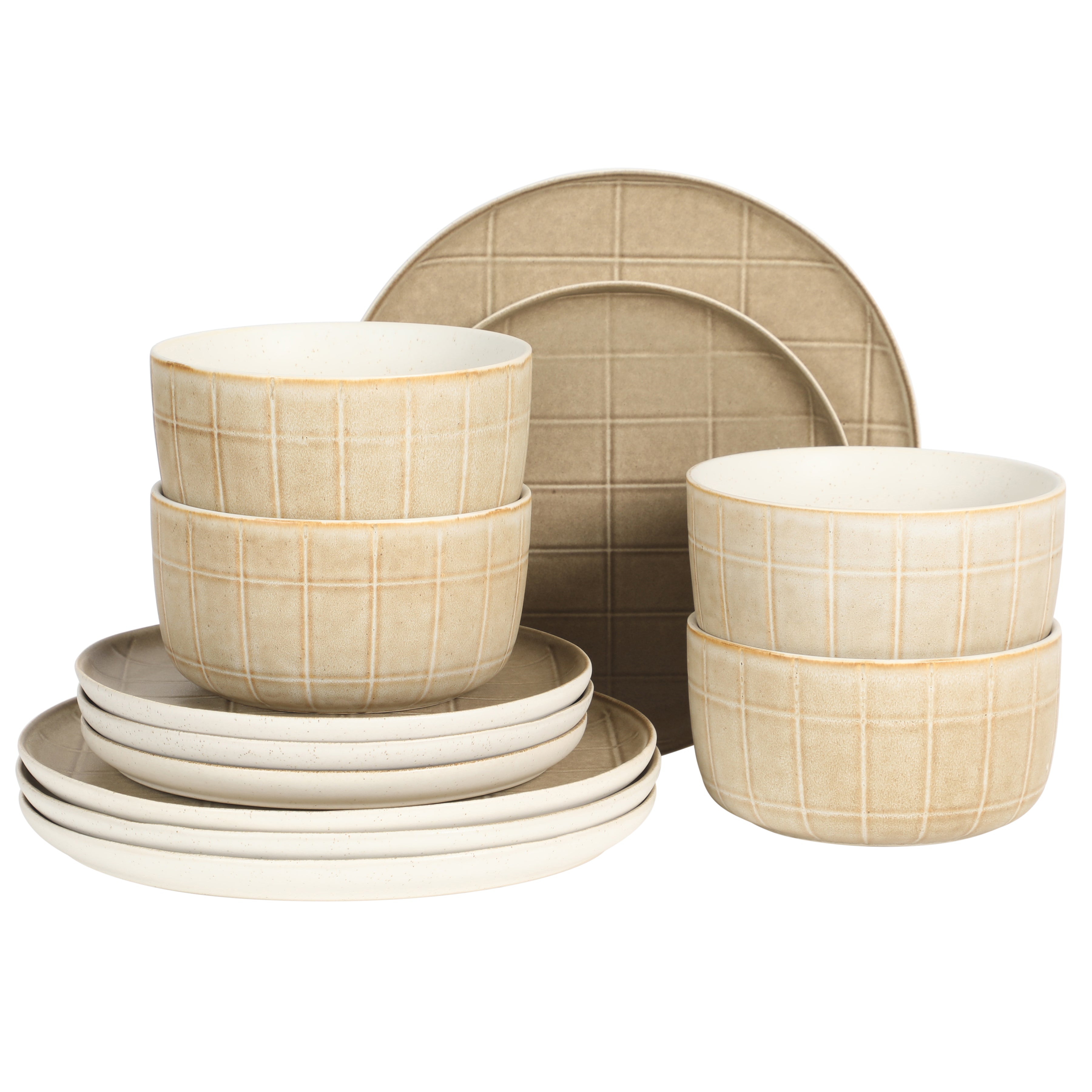 Gisbon Elite Butterwick 12 Piece Plates and Bowls Stoneware Dinnerware Set - Reactive Glaze Patterned Dishes - Microwave and Dishwasher Safe