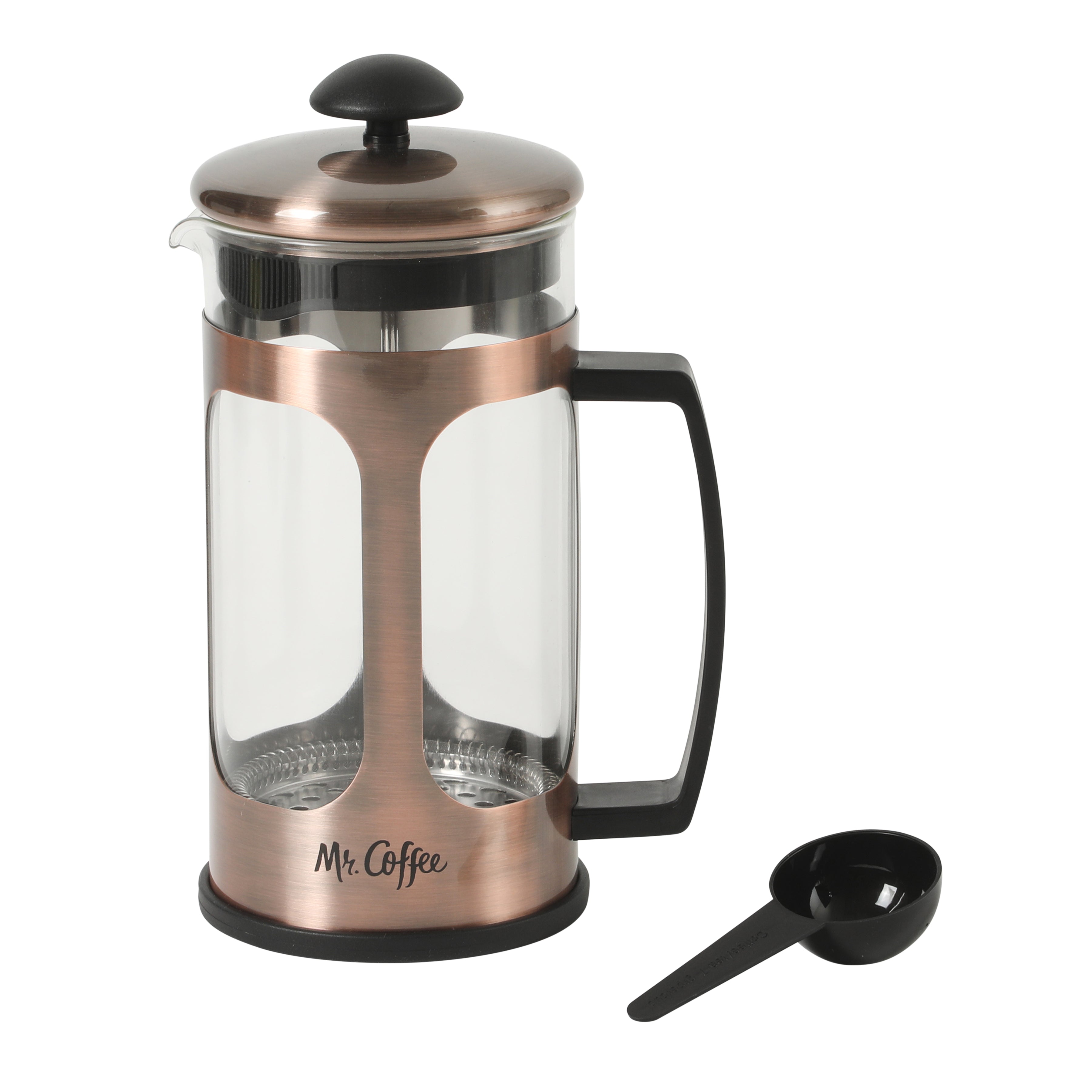 Mr. Coffee Daily Brew French Press Coffee Maker, 30 oz Glass Carafe with High Heat Resistant Durable Borasilicate Glass & Metal Frame and Plunger, Includes Coffee Scoop