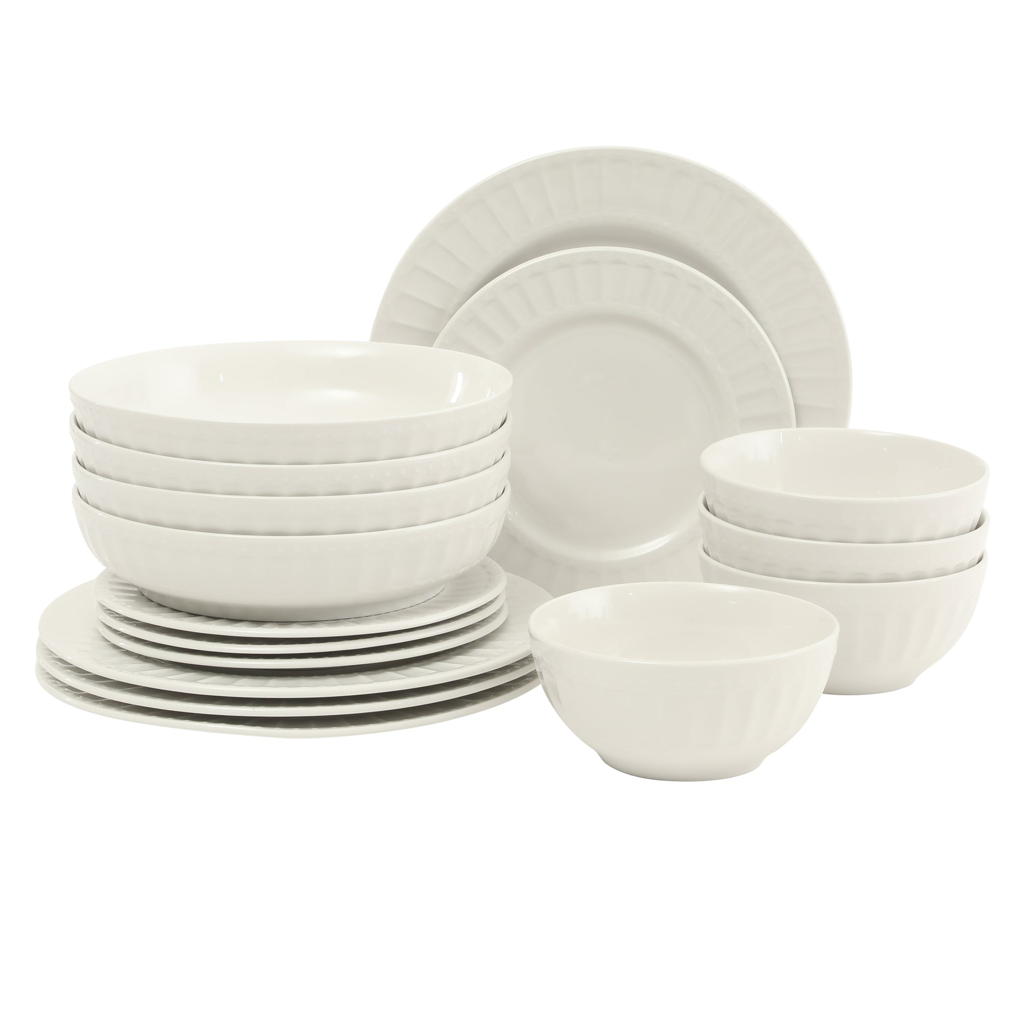 Gibson Home Melbourne White Plates and Bowls Set, 16 Piece Embossed Ceramic Dinnerware Set - Service for 4 Dishes - With Pasta Bowl