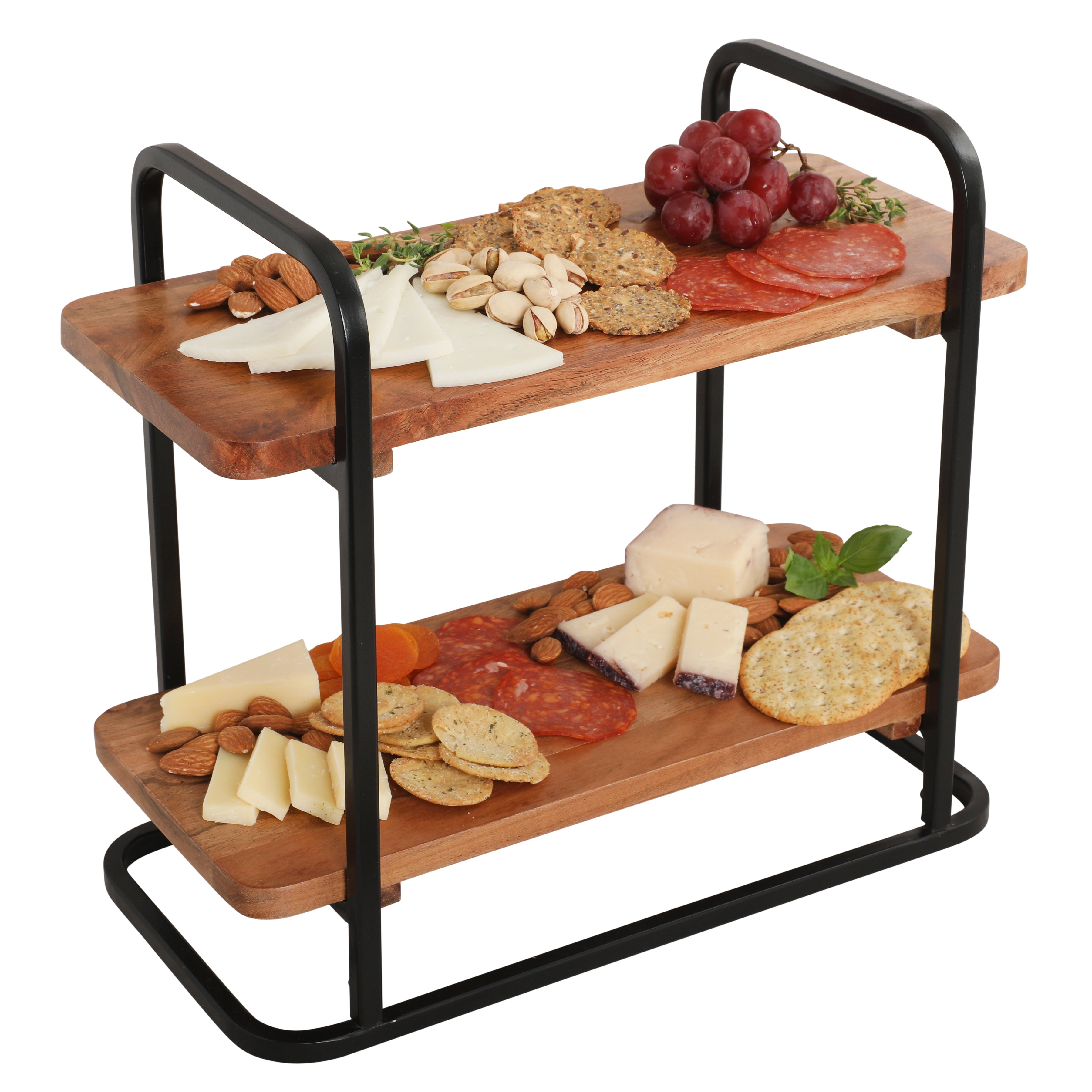 Gibson Home Gracious Dining 2-Tier Wooden Serving Tray with Metal Frame – Acacia Wood Rectangle Charcuterie Board, Cheese Platter, Dessert Display Stand for Buffet, Kitchen, Dining, or Events