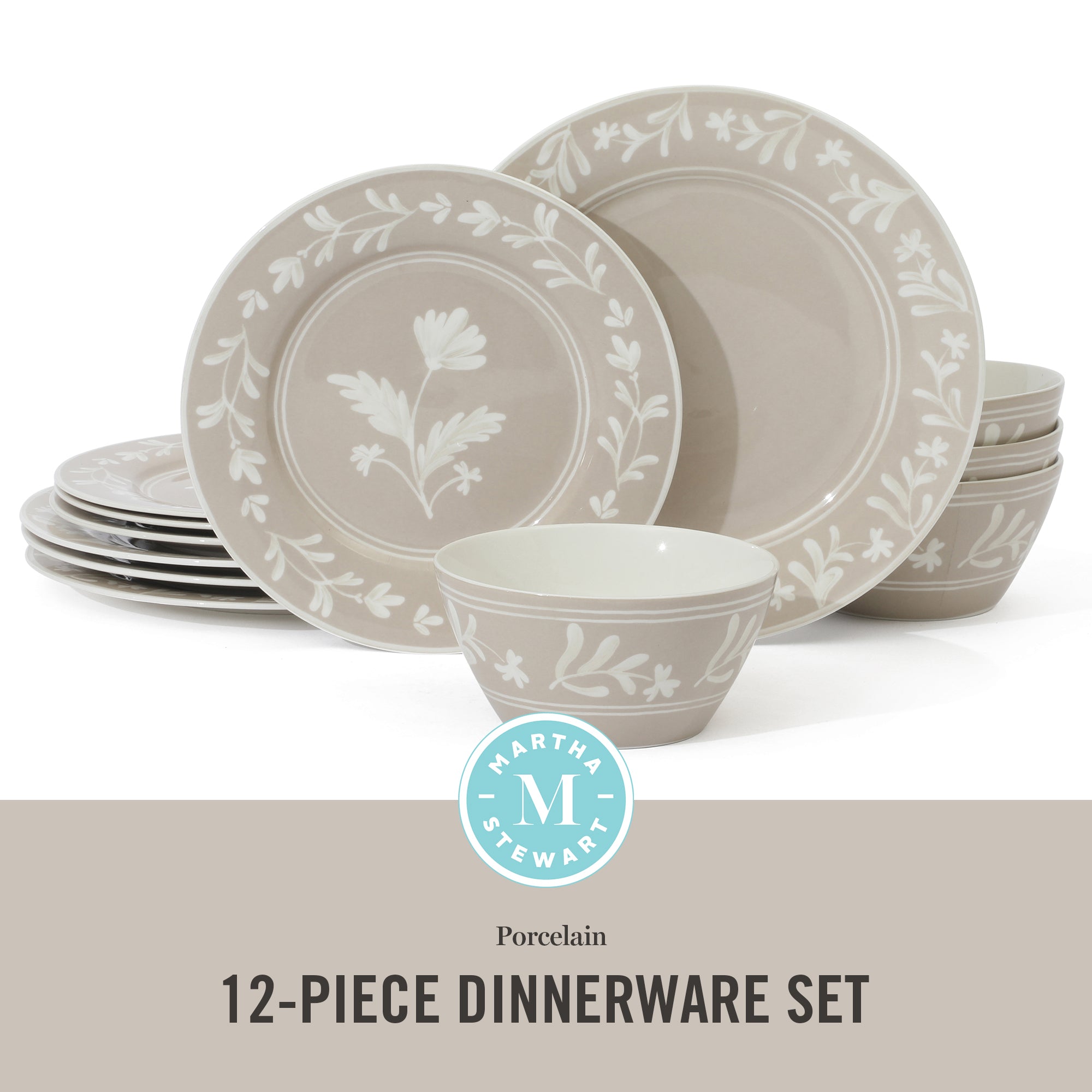 Martha Stewart Maiden Crown 12-Piece Dinnerware Set – Vegan Bone China Ceramic Plates & Bowls – Floral Design – Service for 4 – Dishwasher & Microwave Safe