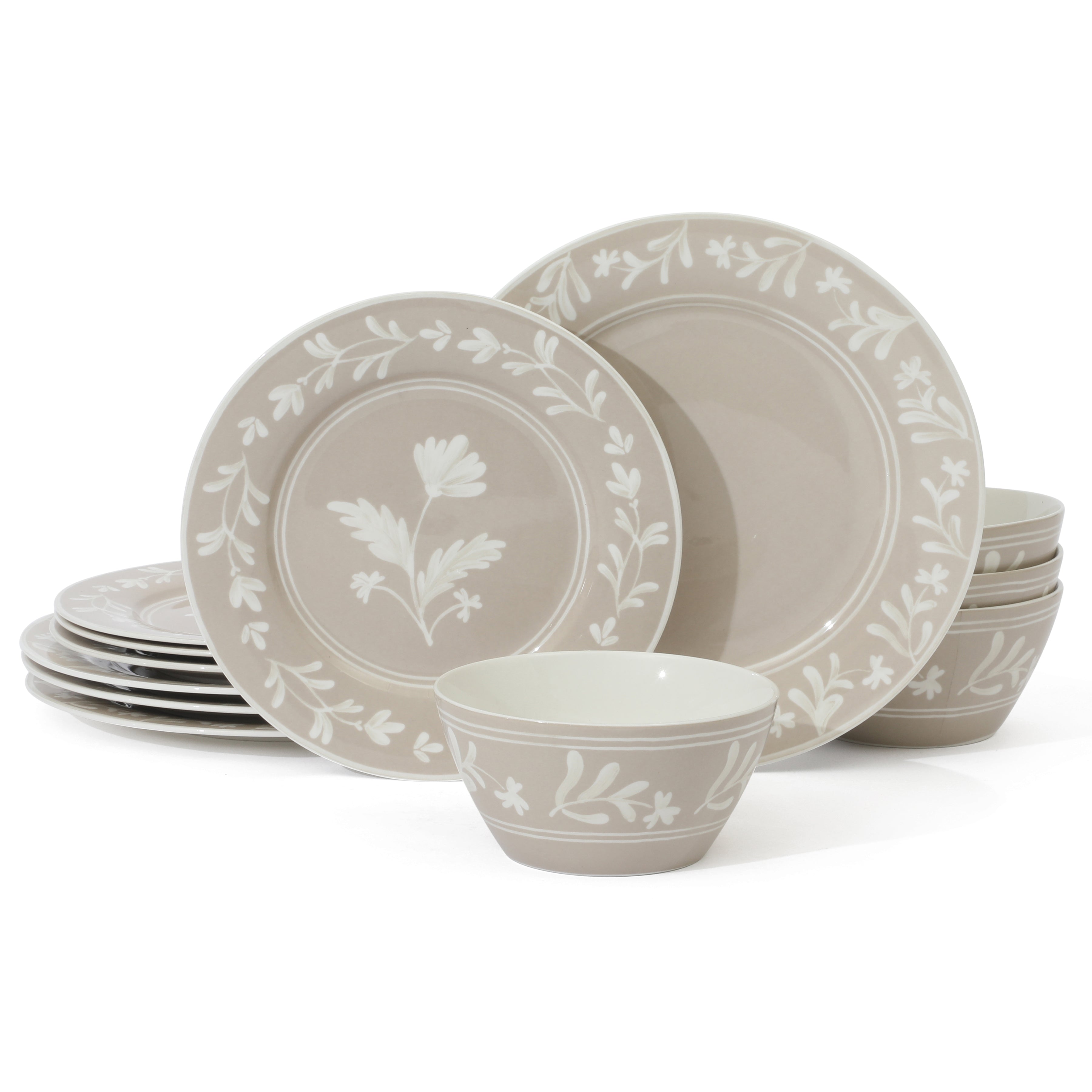 Martha Stewart Maiden Crown 12-Piece Dinnerware Set – Vegan Bone China Ceramic Plates & Bowls – Floral Design – Service for 4 – Dishwasher & Microwave Safe