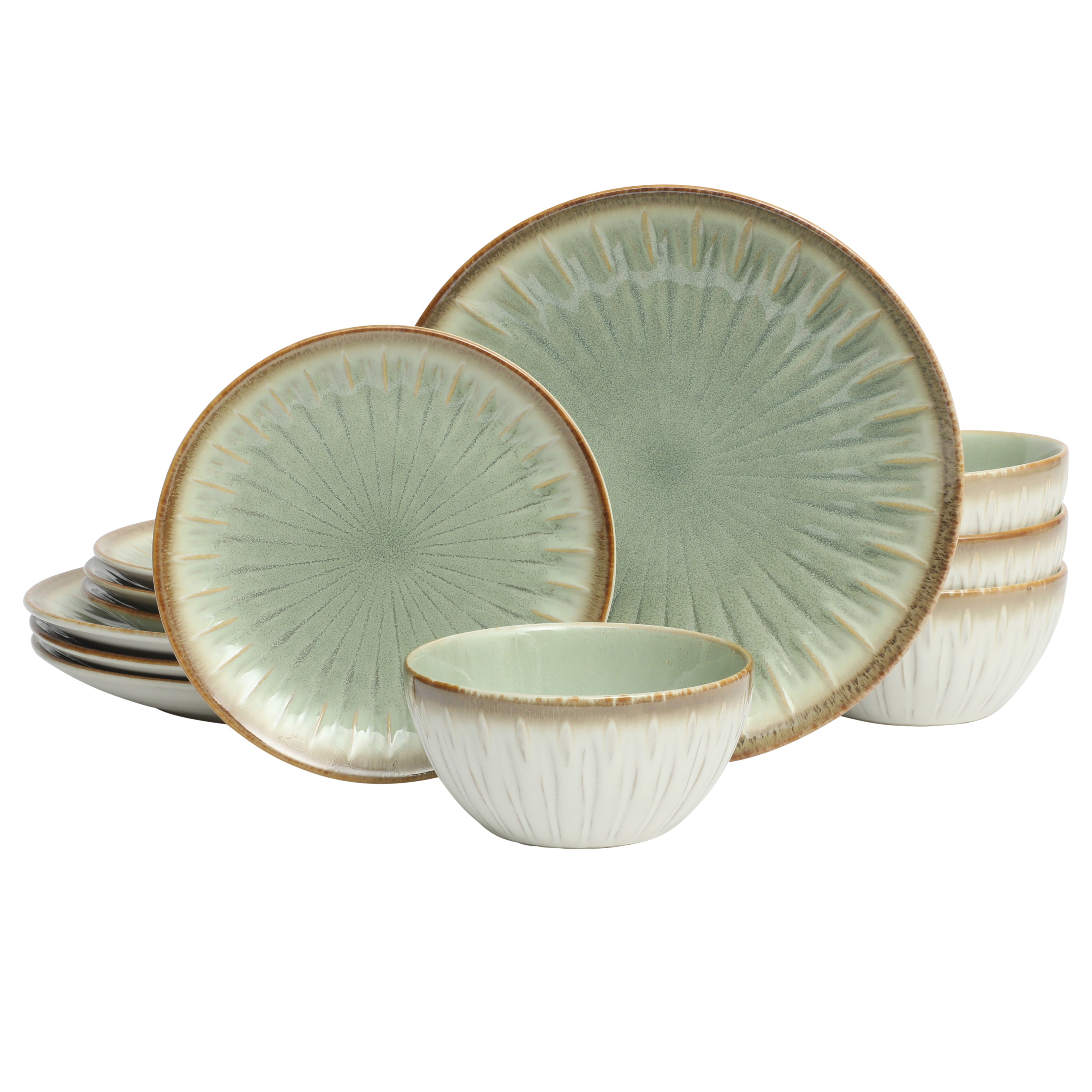 Gibson Elite Trescott Way 12 Piece Reactive Glaze Plates and Bowls Stoneware Dinnerware Set